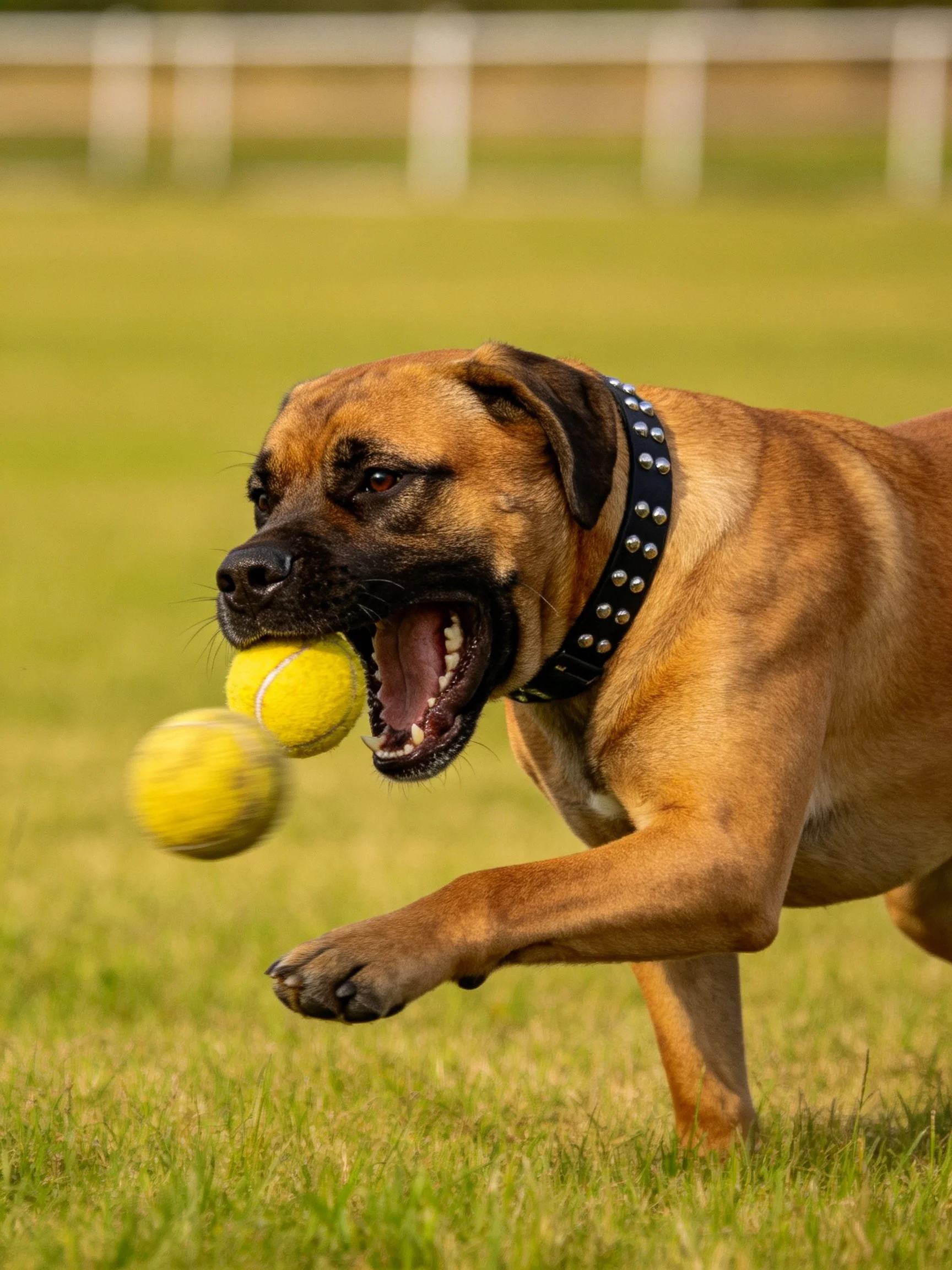 A brown dog with a studded collar chases two yellow tennis balls