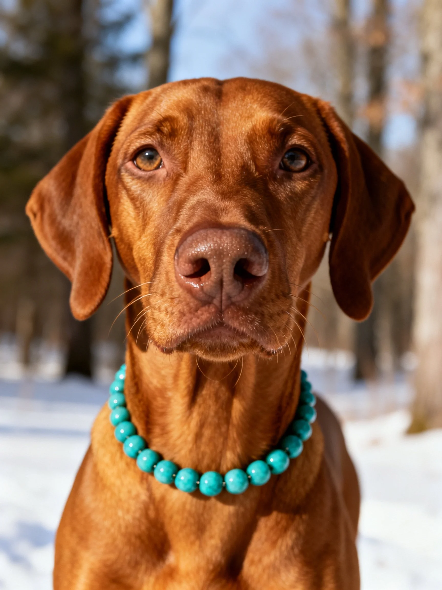 A brown dog wearing a turquoise collar is in a snowy outdoor setting.