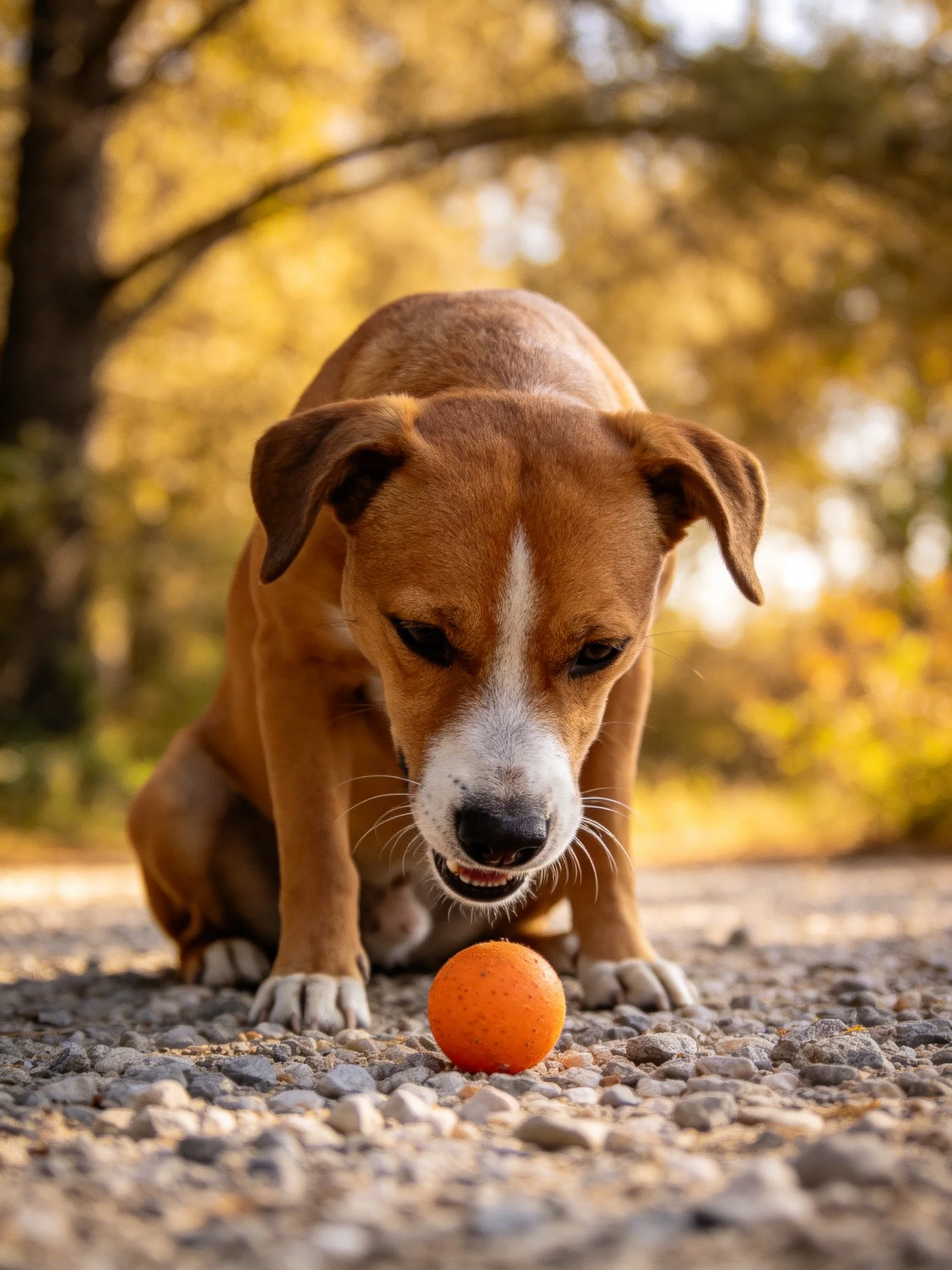 A brown dog with a white stripe focuses on an orange ball on a gravel path