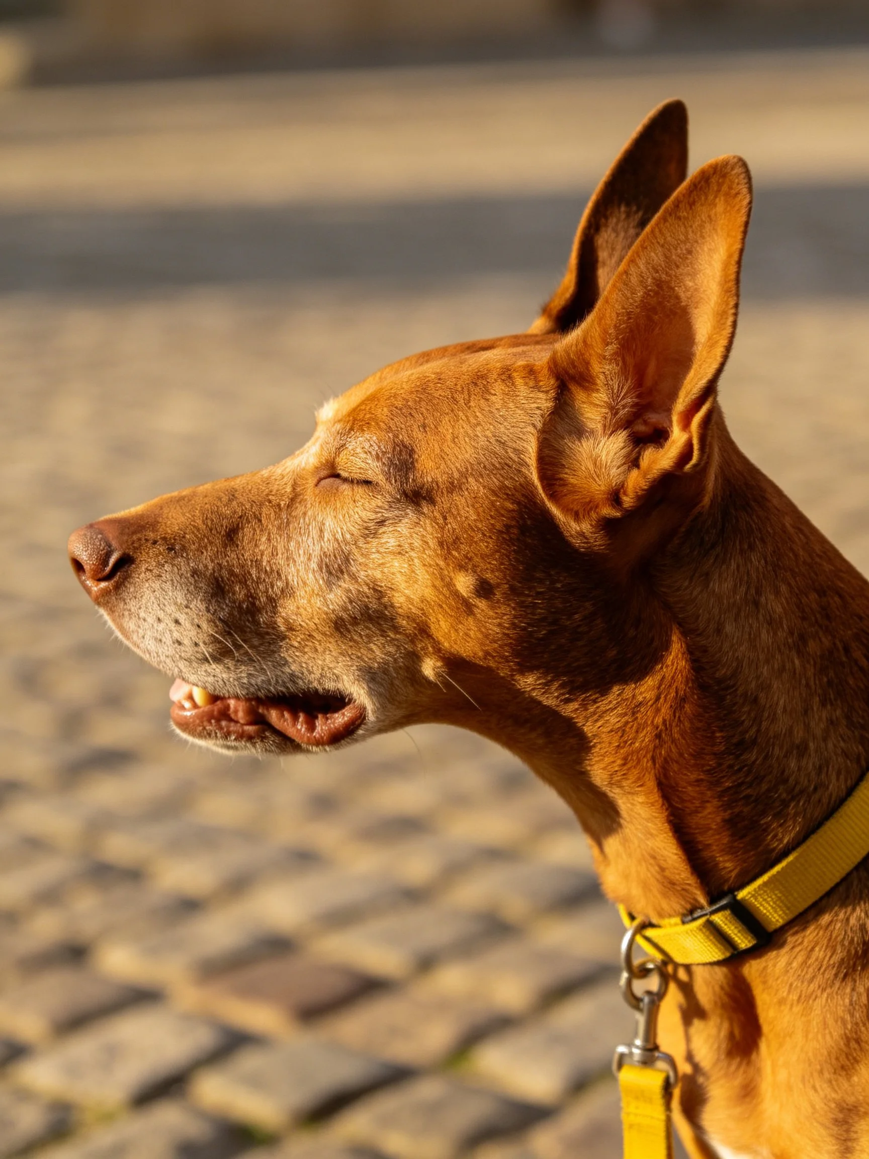 A brown dog wearing a yellow collar stands on a cobblestone surface.