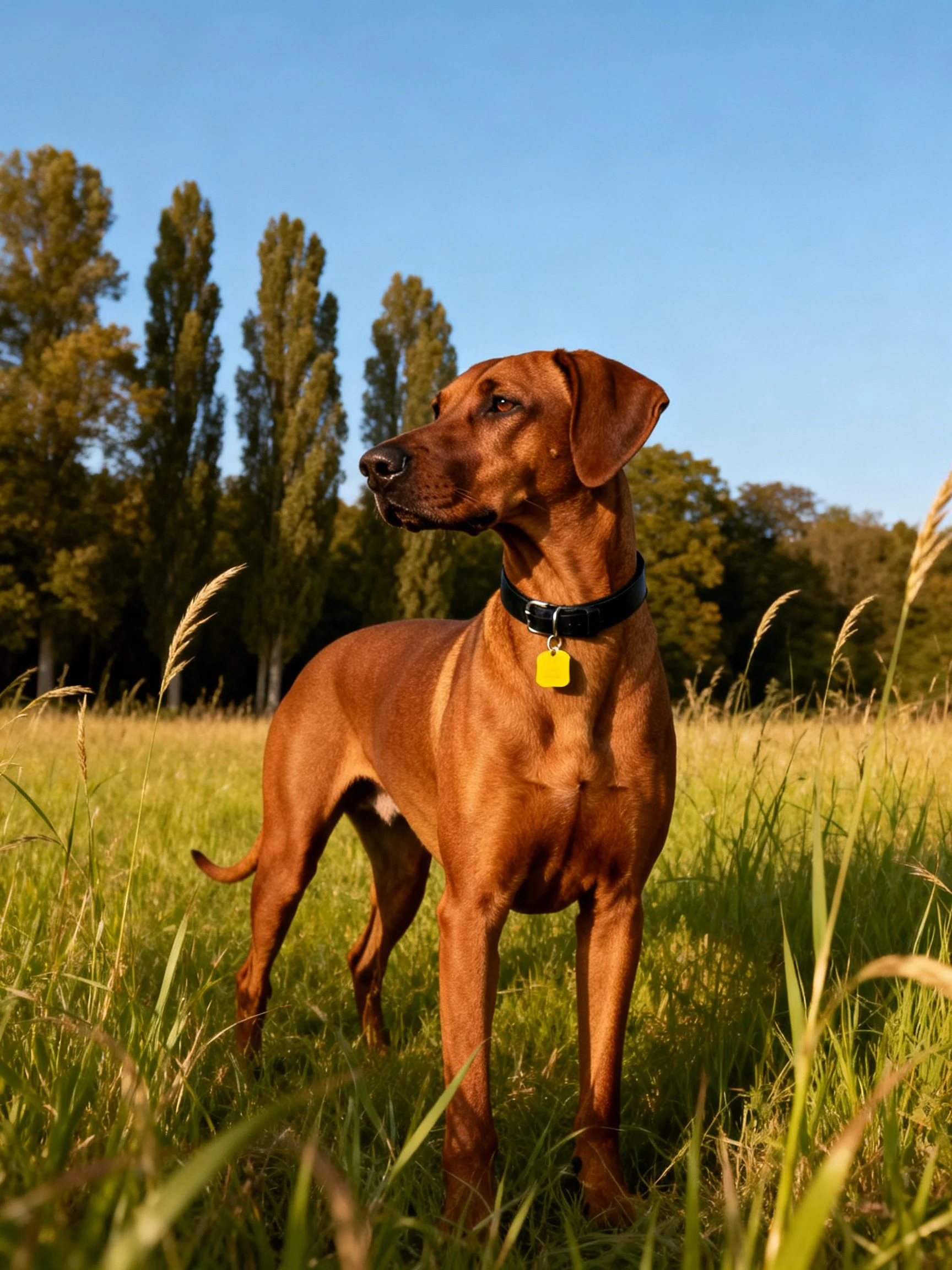 A brown dog stands alert in a sunlit meadow with tall grass and trees