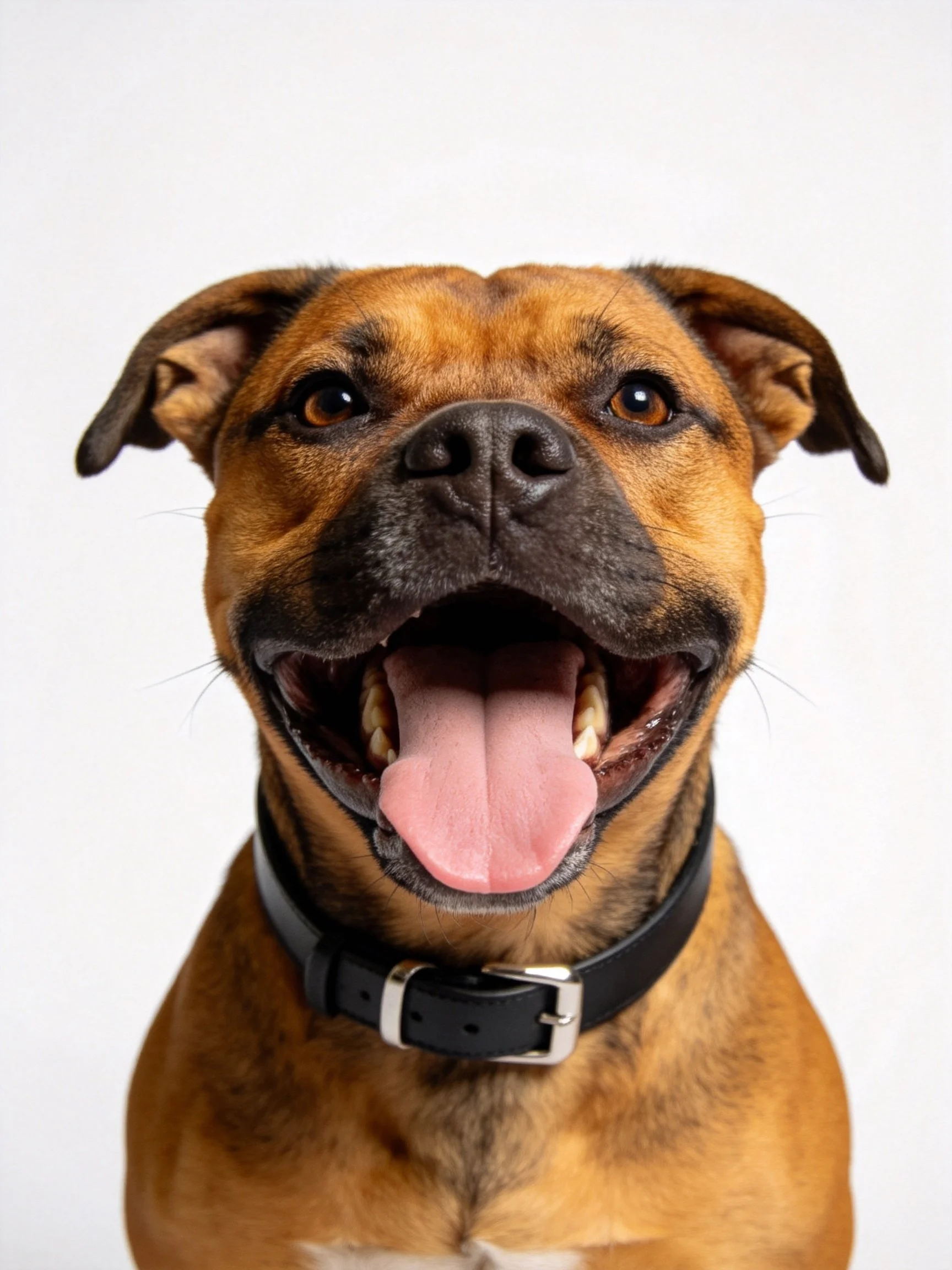 A brown dog with an open mouth wearing a black collar