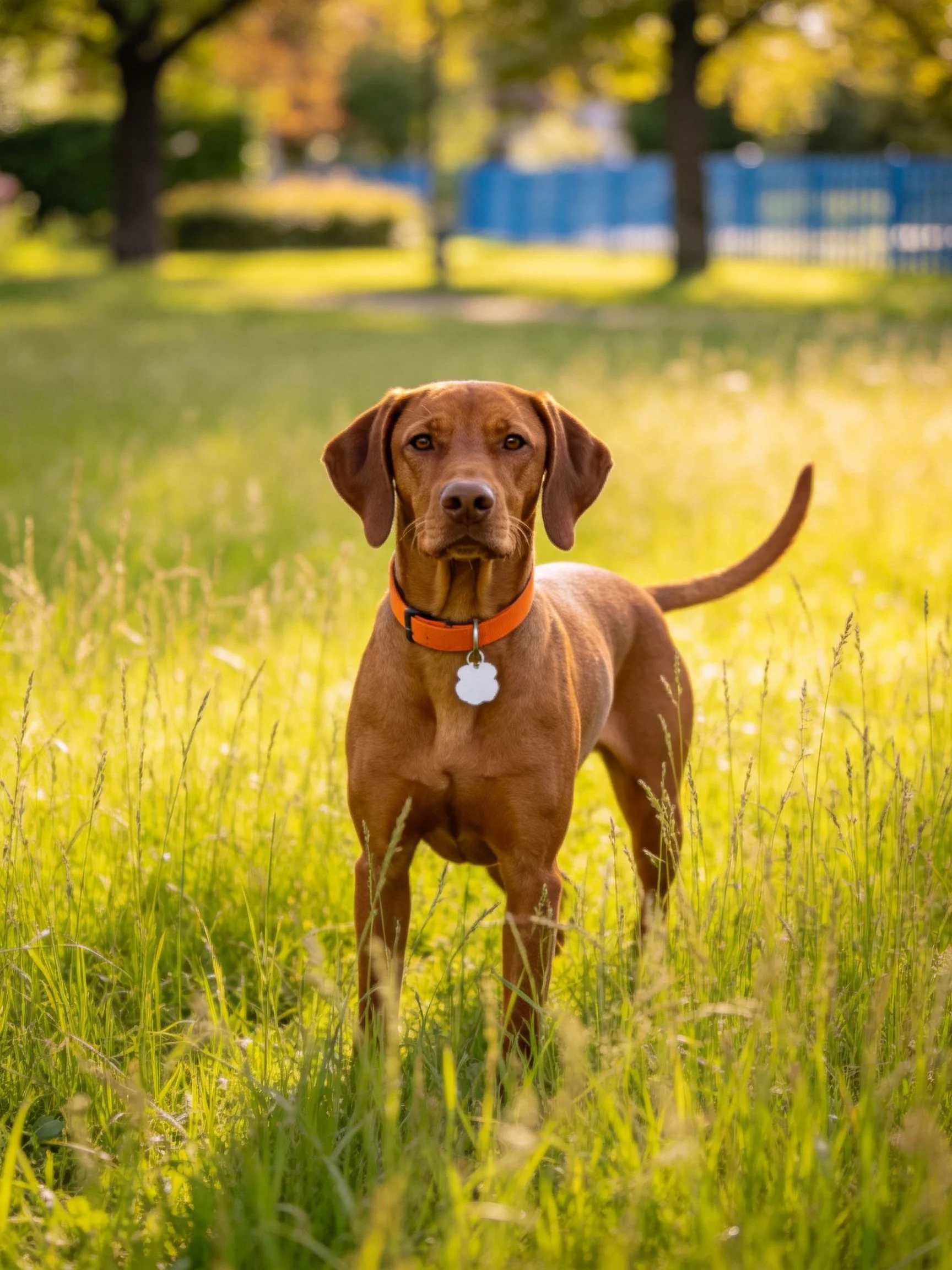 A brown dog with an orange collar stands in sunlit tall grass near trees and a blue fence.