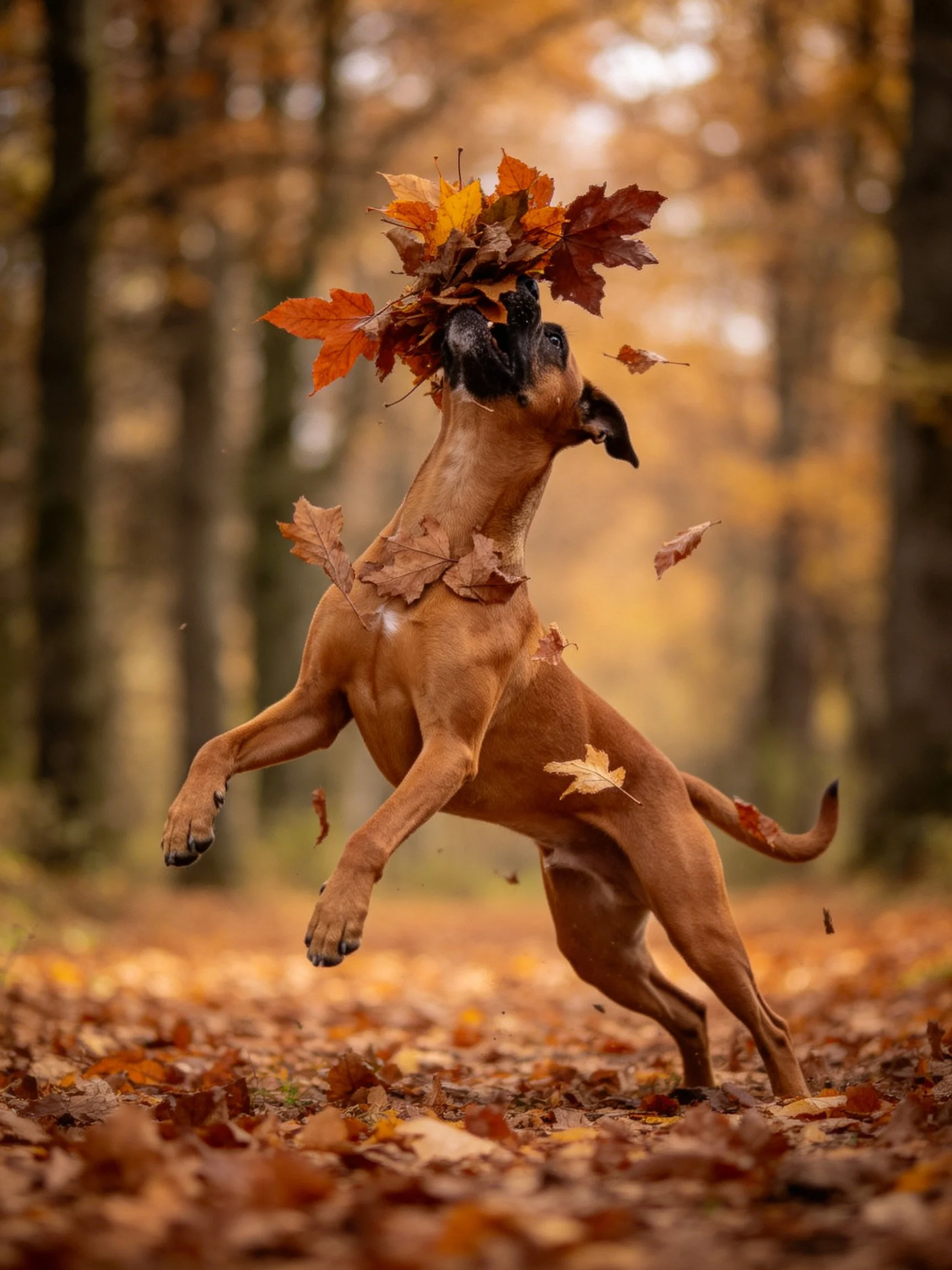 A brown dog with autumn leaves in a forest