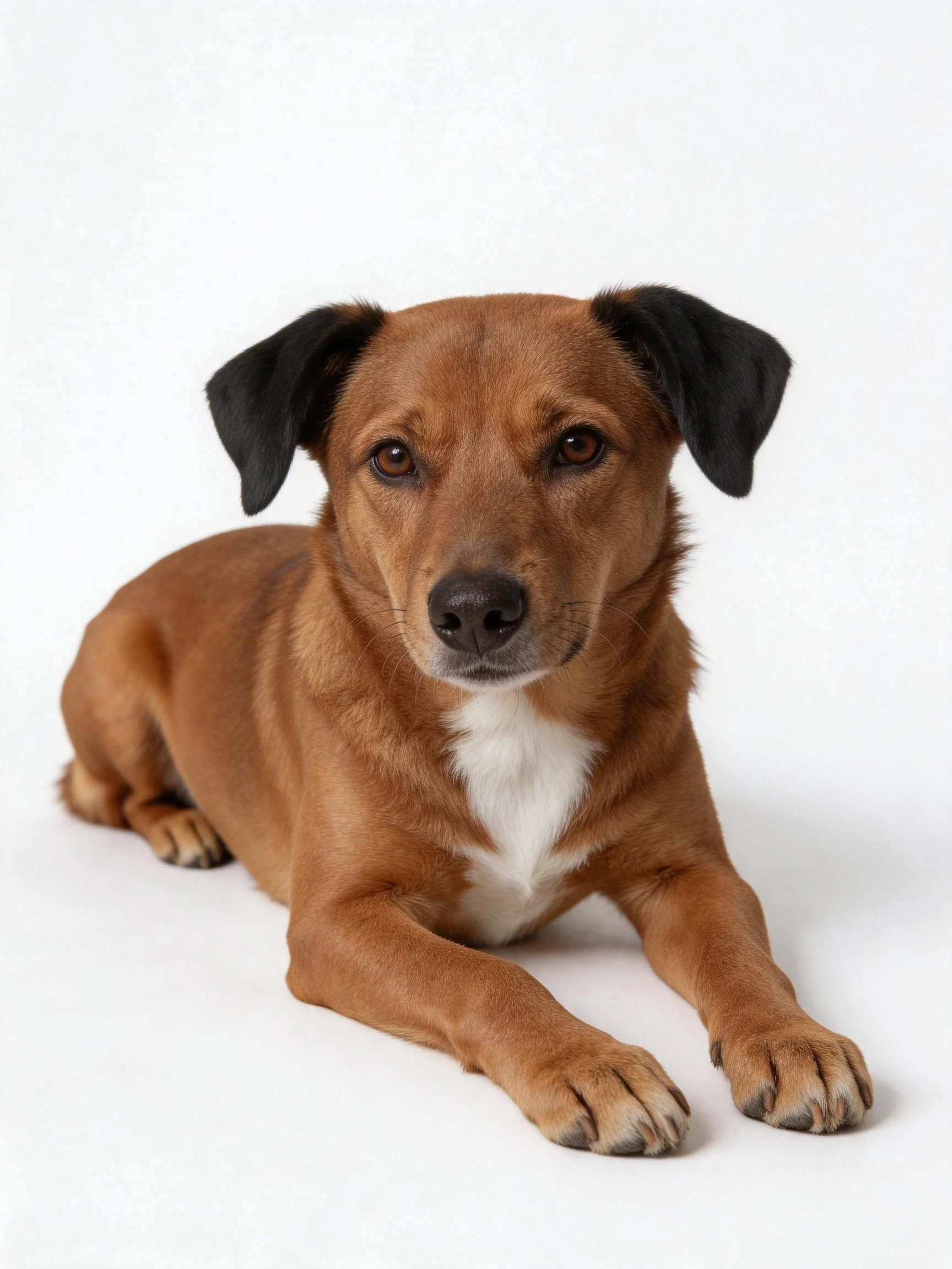 A brown dog with black ears and white chest lies on a plain white background