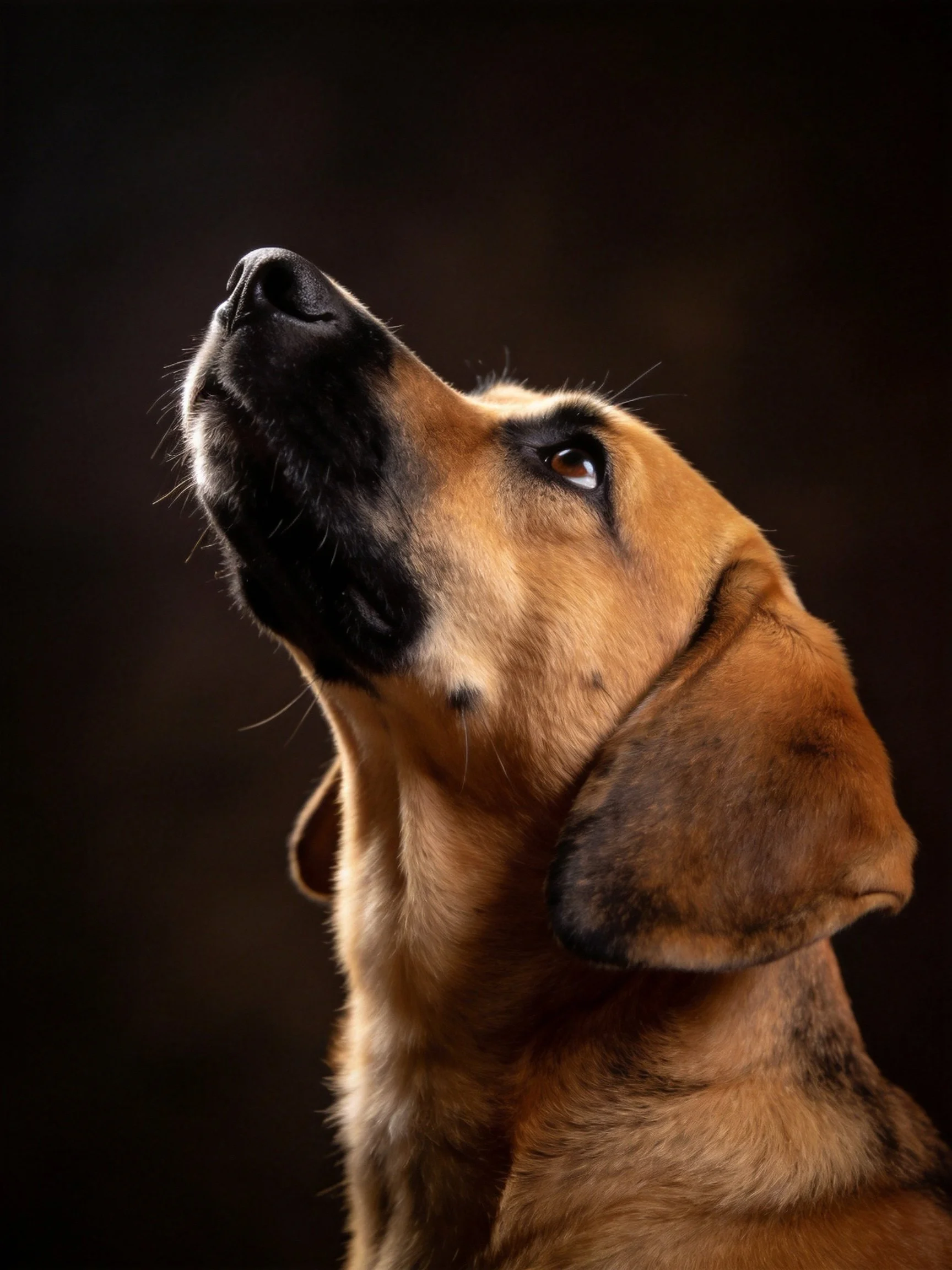 A brown dog with black facial markings gazing upward