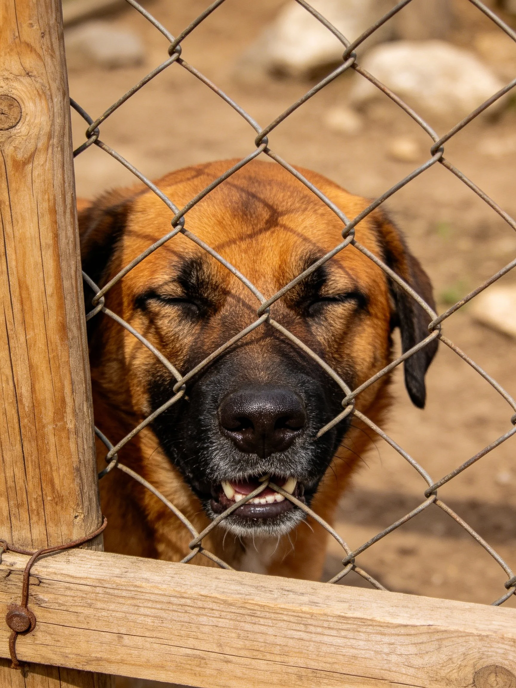 A brown dog with black markings peeks through a chain-link fence near wooden posts