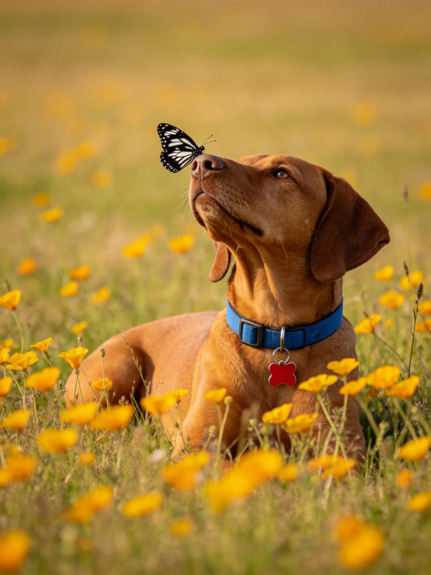A brown dog lies among yellow wildflowers with a black-and-white butterfly on its nose.