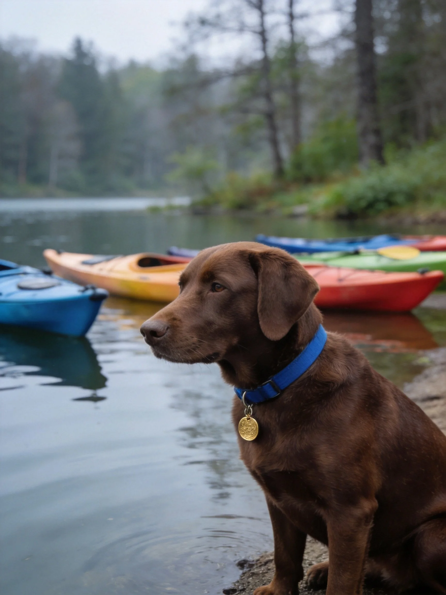 A brown dog sits near colorful kayaks by a calm lake.
