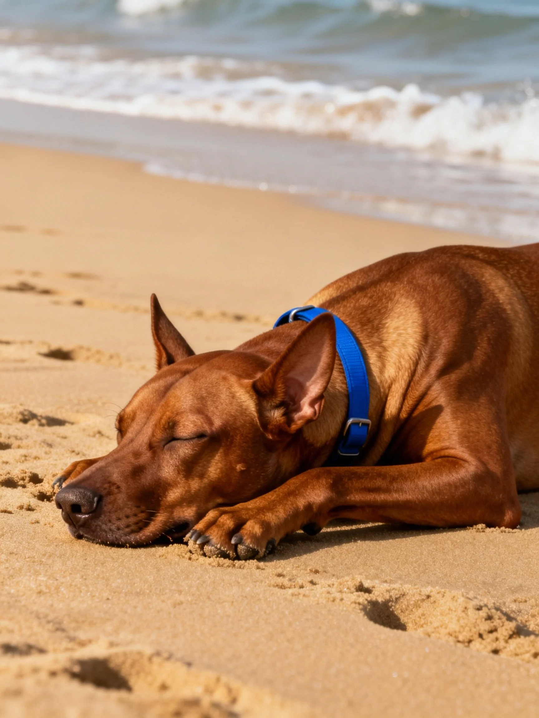 A brown dog with blue collar sleeps on sandy beach near