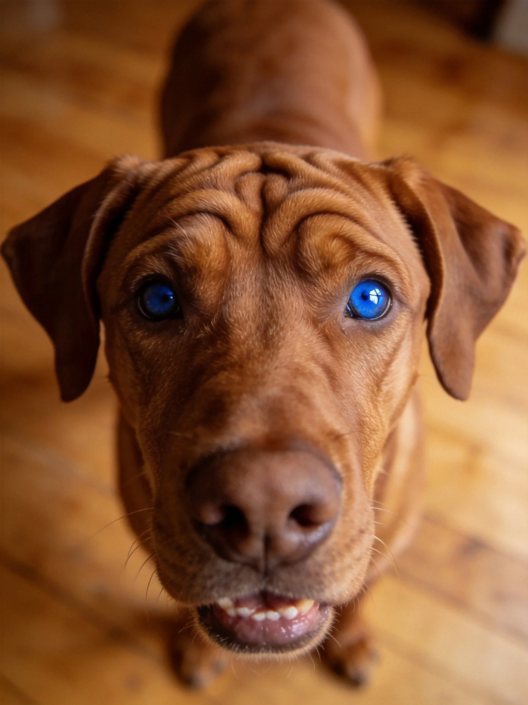 A brown dog with blue eyes looks upward on wooden flooring.