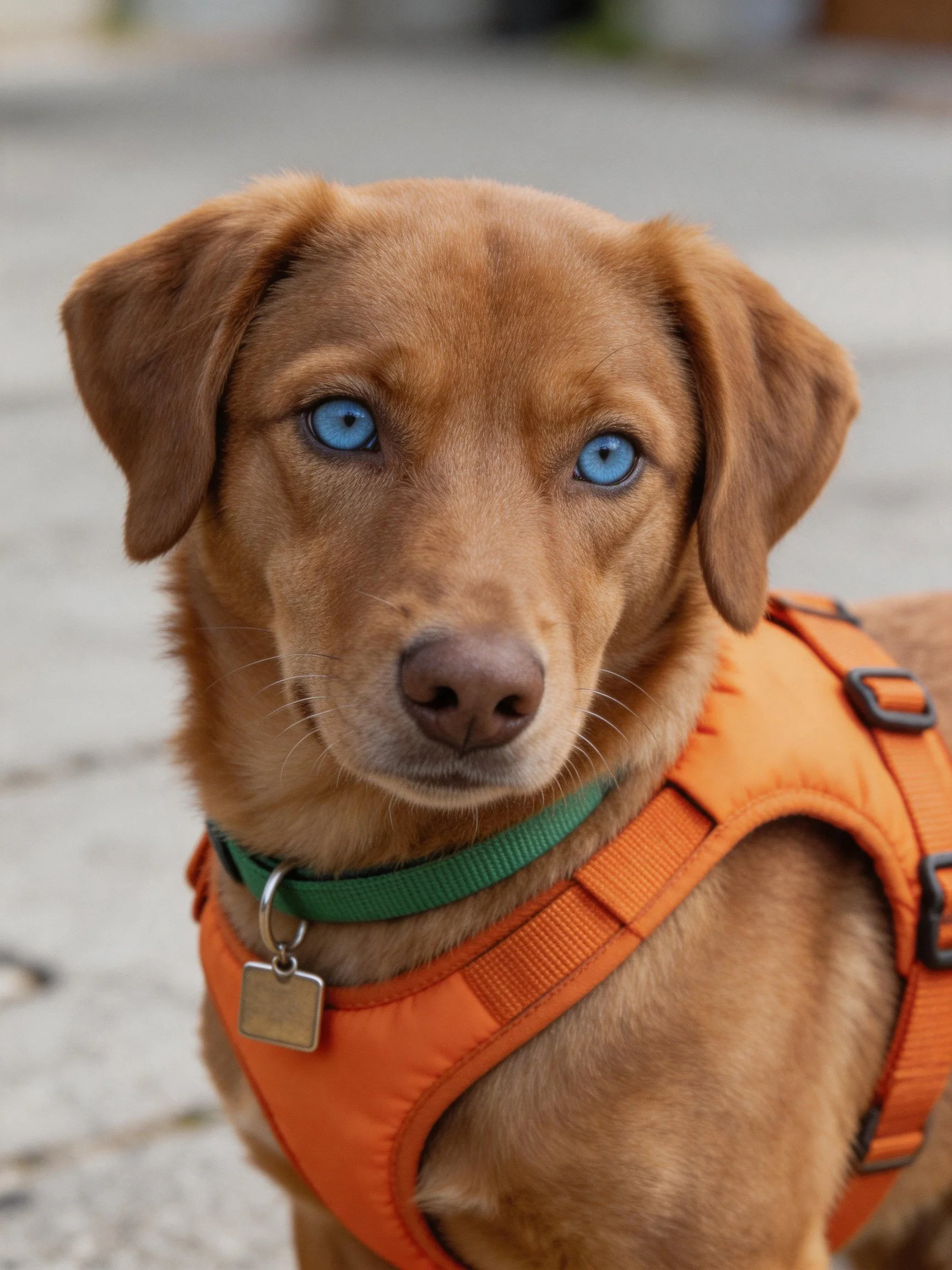 A brown dog with blue eyes stands outdoors in an orange harness.