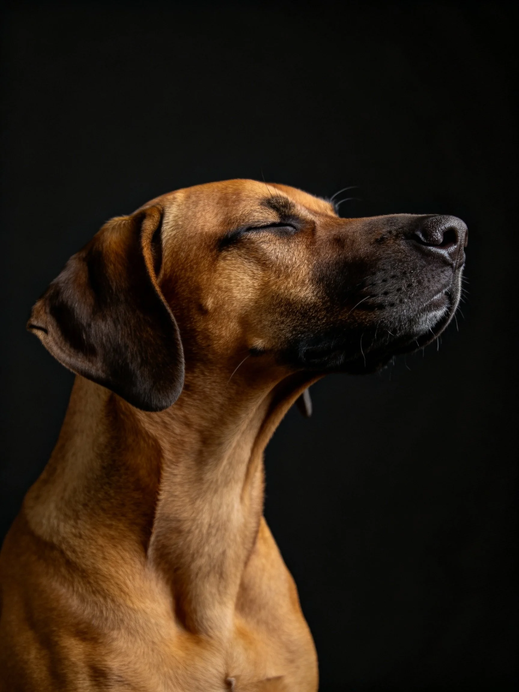 A brown dog with closed eyes against a dark background