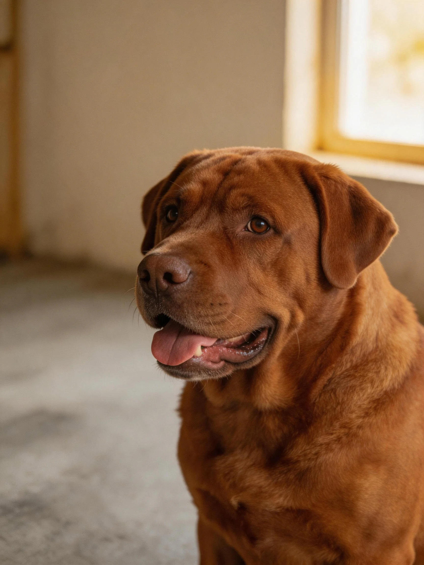 A brown dog with glossy fur sits near a sunlit window.