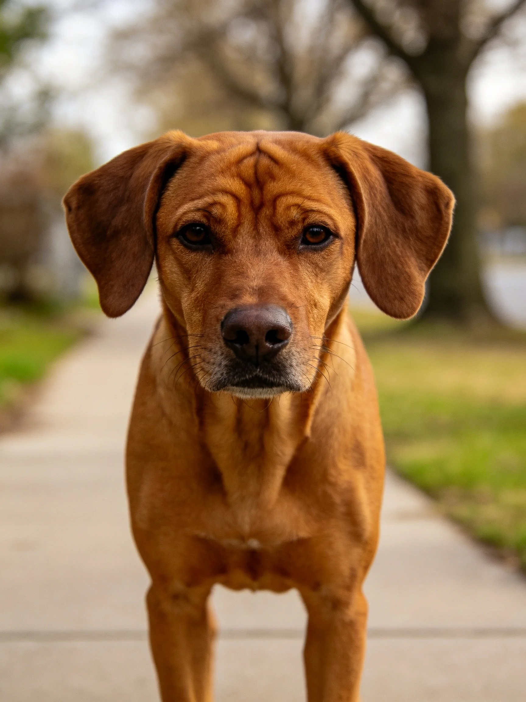 A brown dog with large ears stands on a concrete path