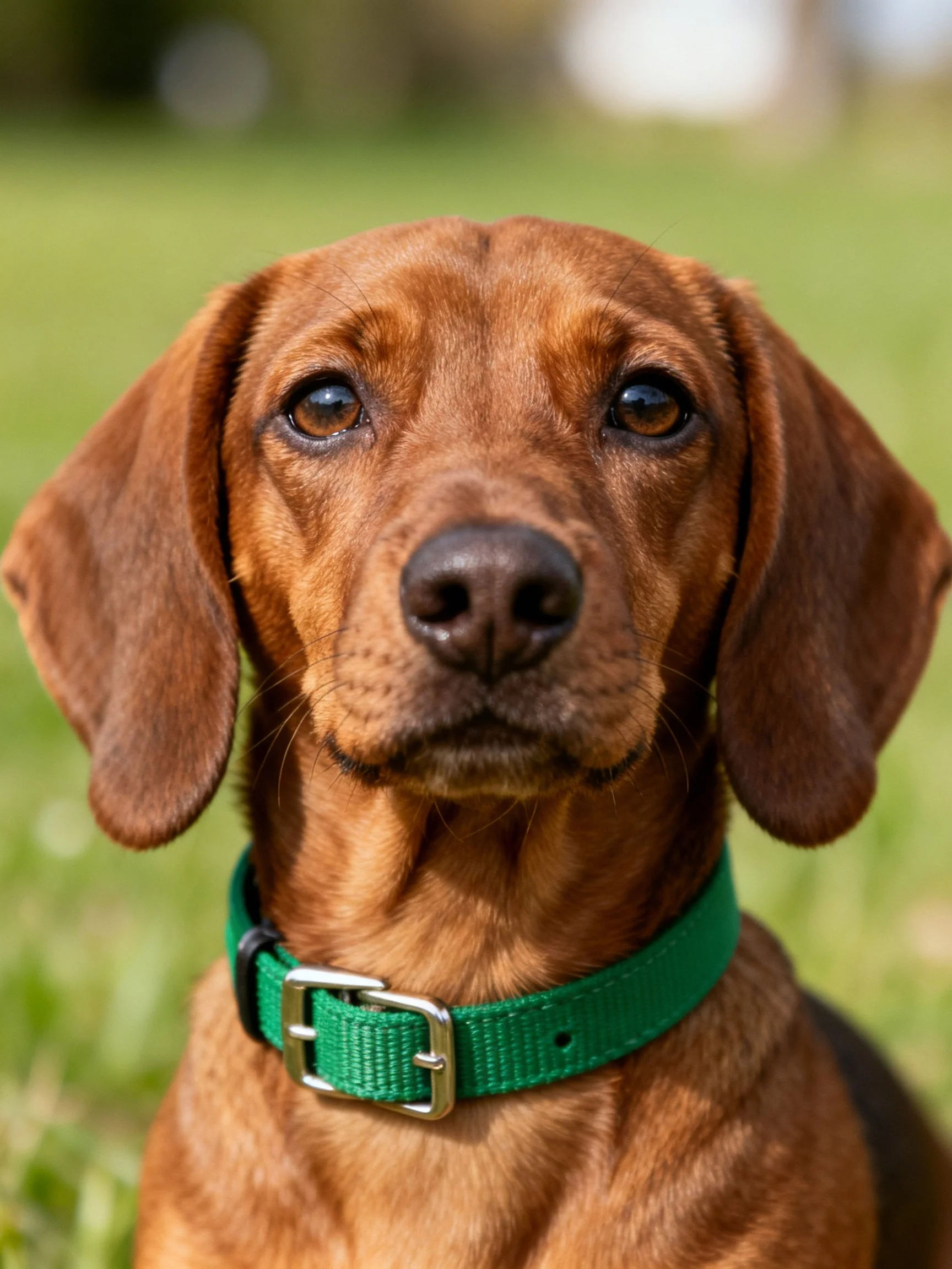 A brown dog with large ears wears a bright green collar outdoors