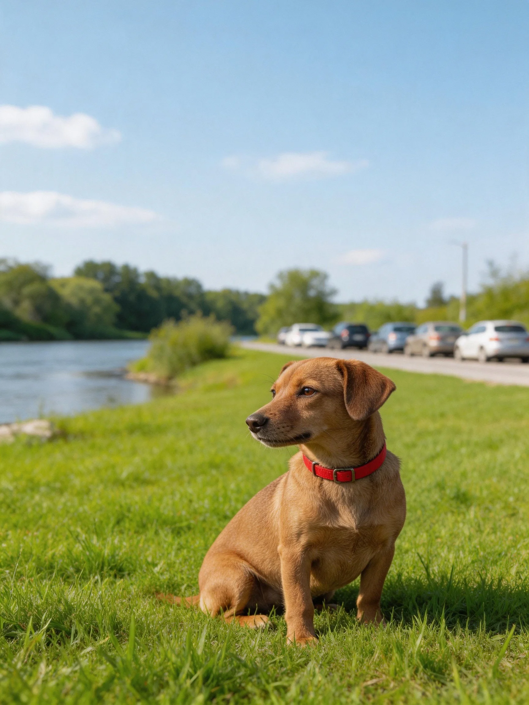 A brown dog with a red collar sits on grass near a river with parked cars