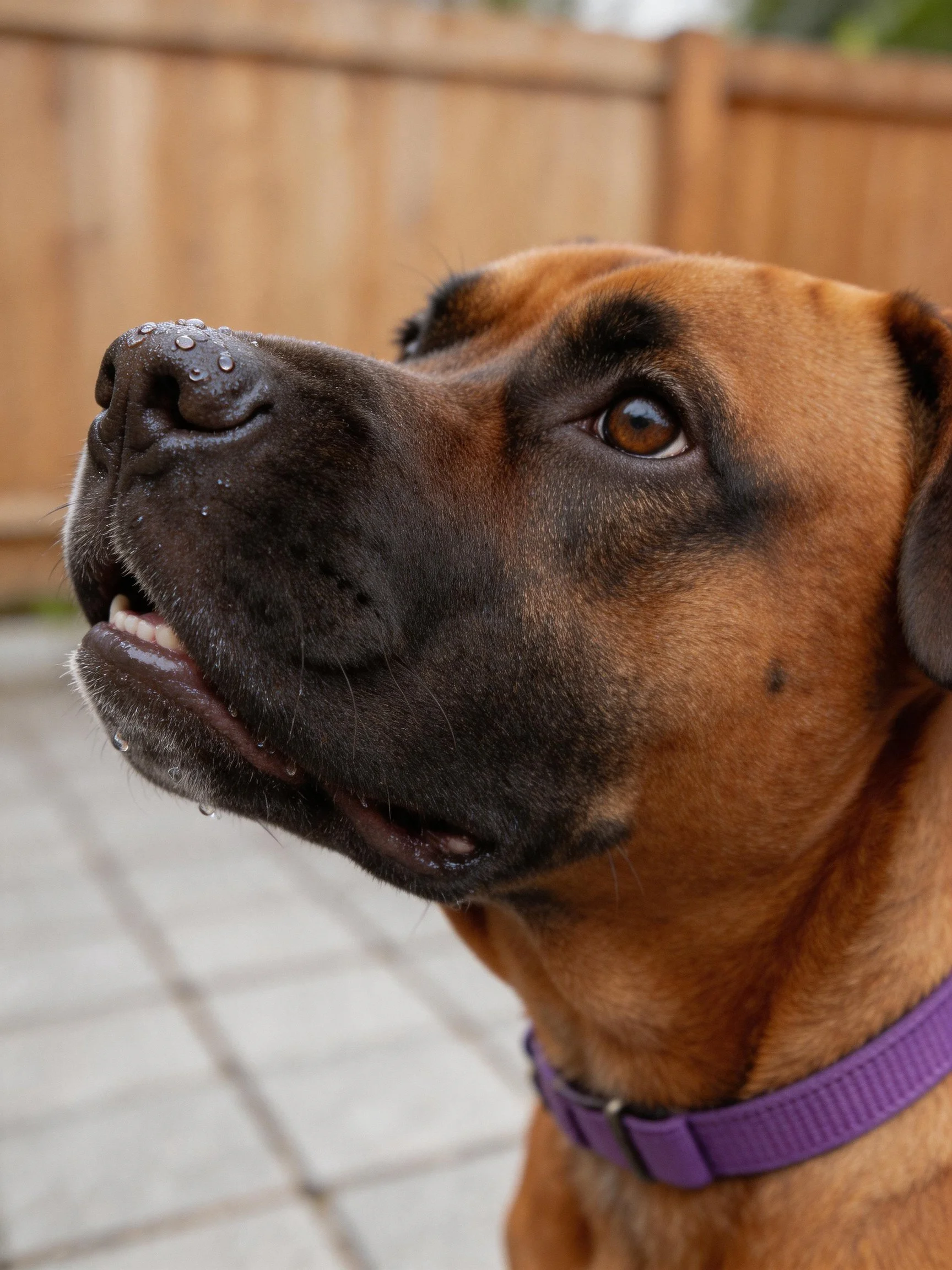 A brown dog with water droplets and a purple collar stands near a wooden fence.