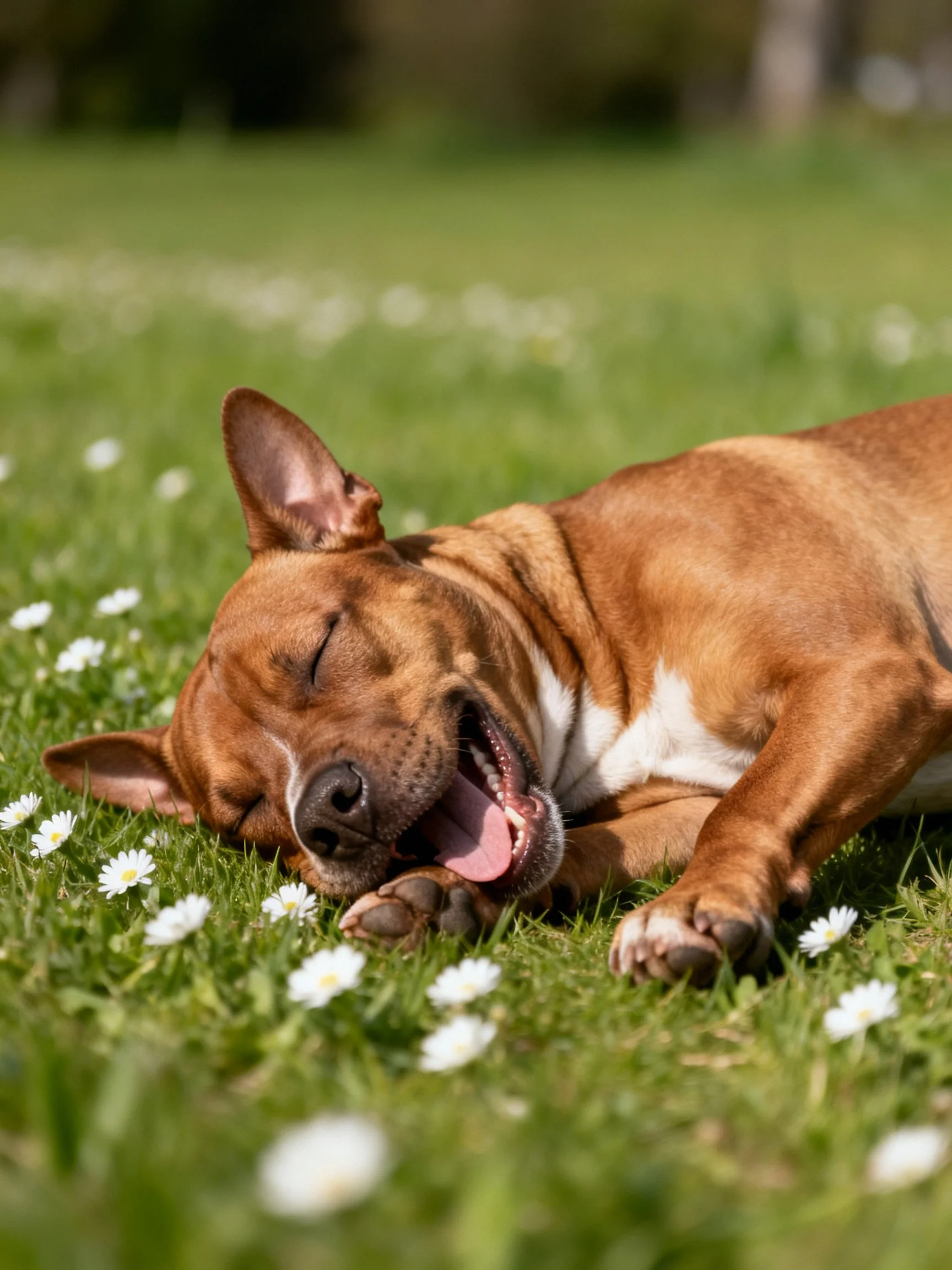 A brown dog with white chest markings resting on a flower-speckled green lawn