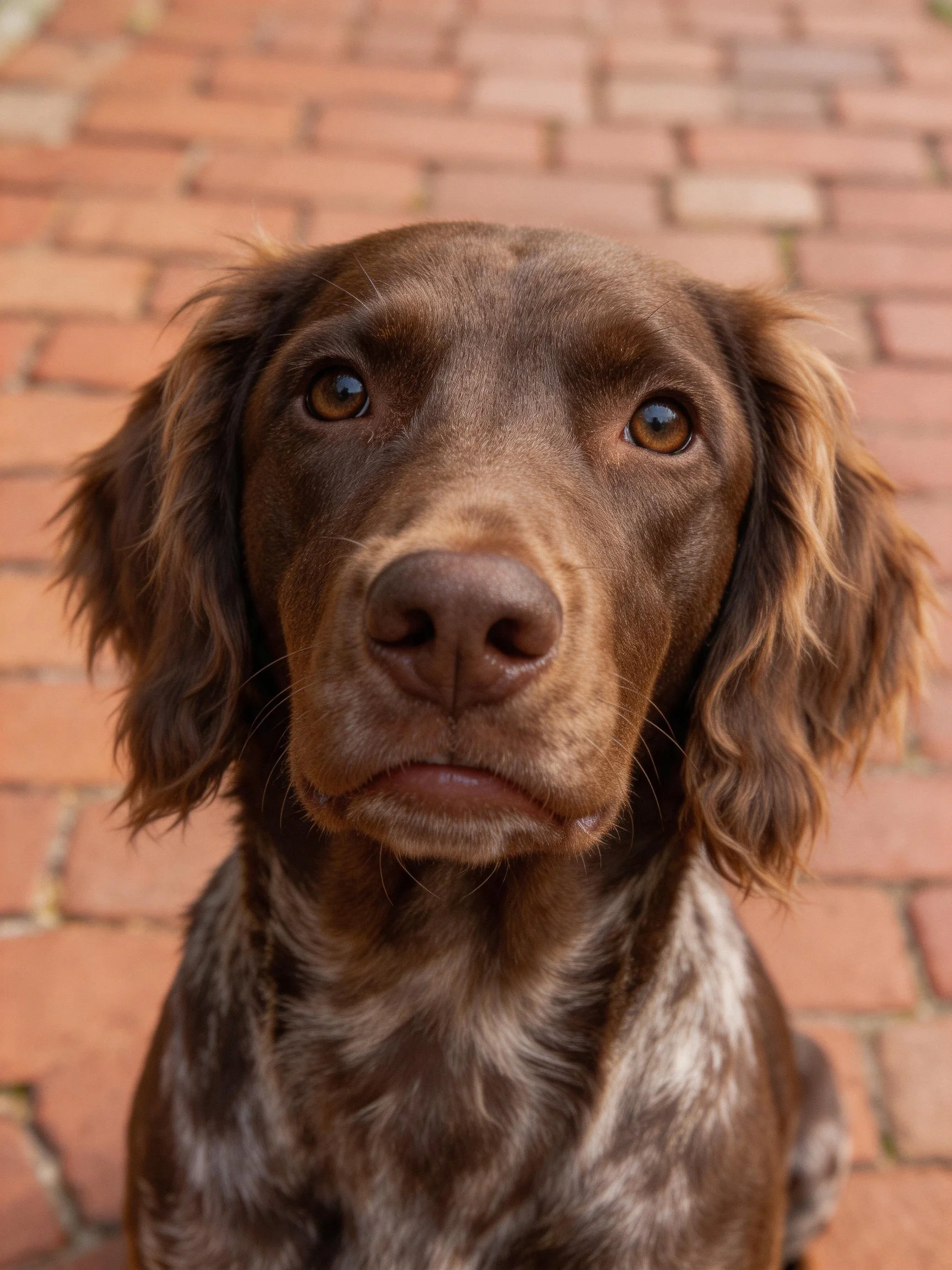 A brown dog with white markings on brick pavement