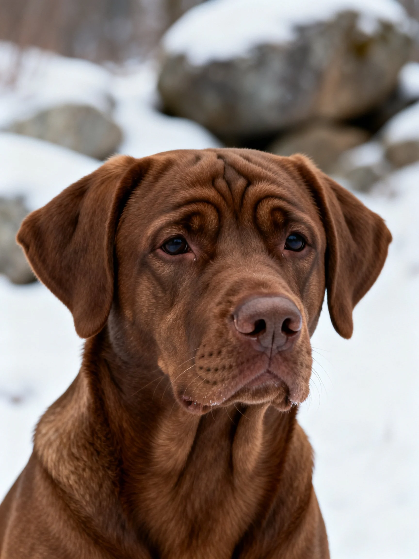 A brown dog with wrinkled face in a snowy rocky setting