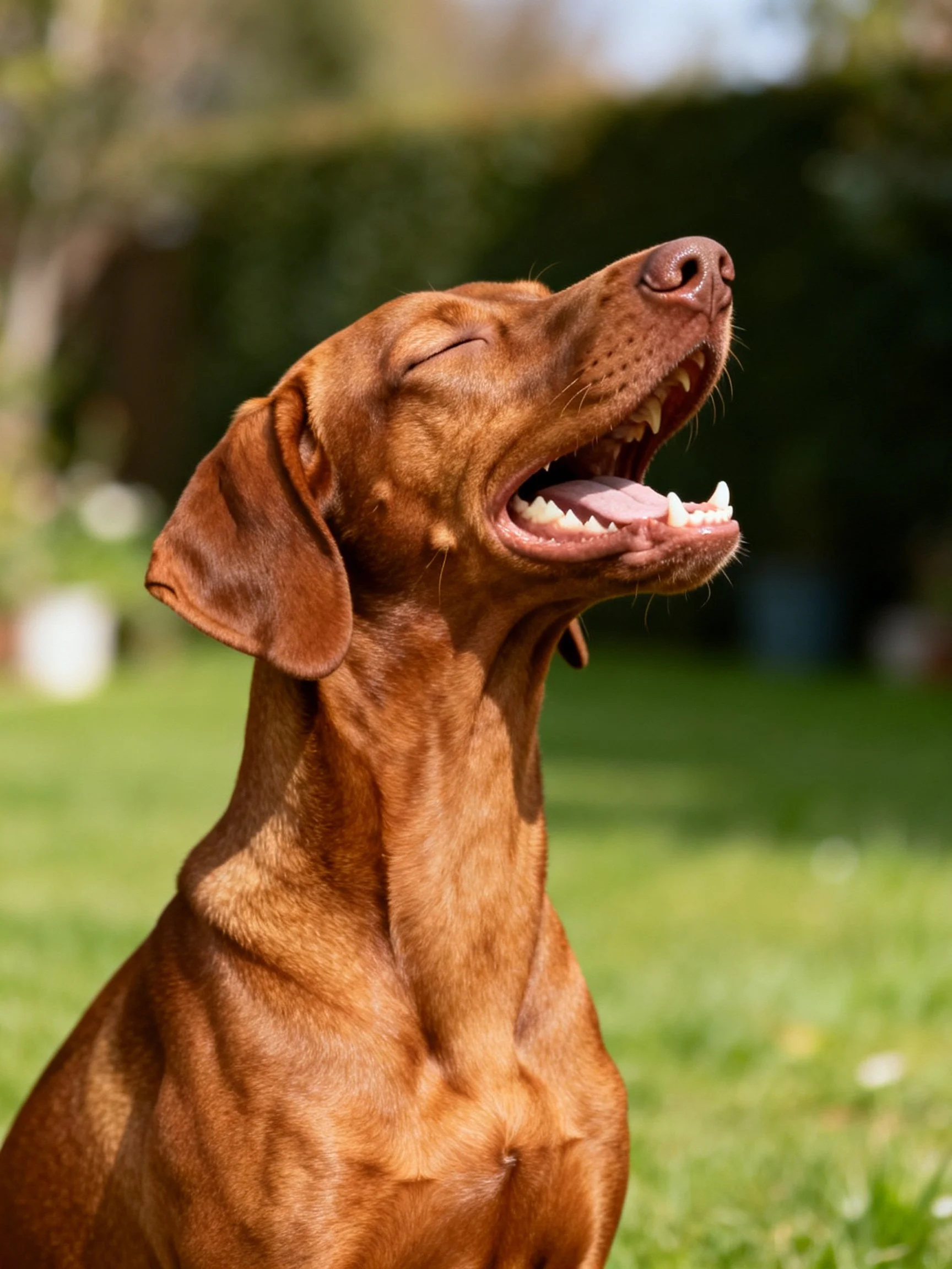 A brown dog yawning with eyes closed on green grass