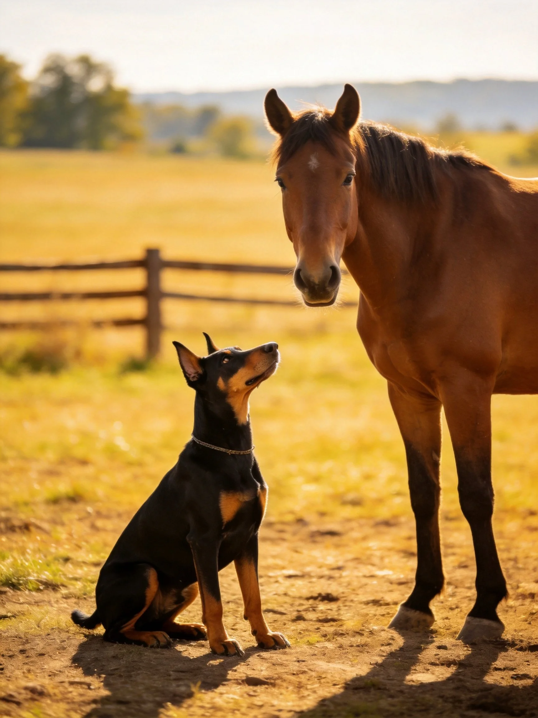 A brown horse and a black-tan dog in a golden field