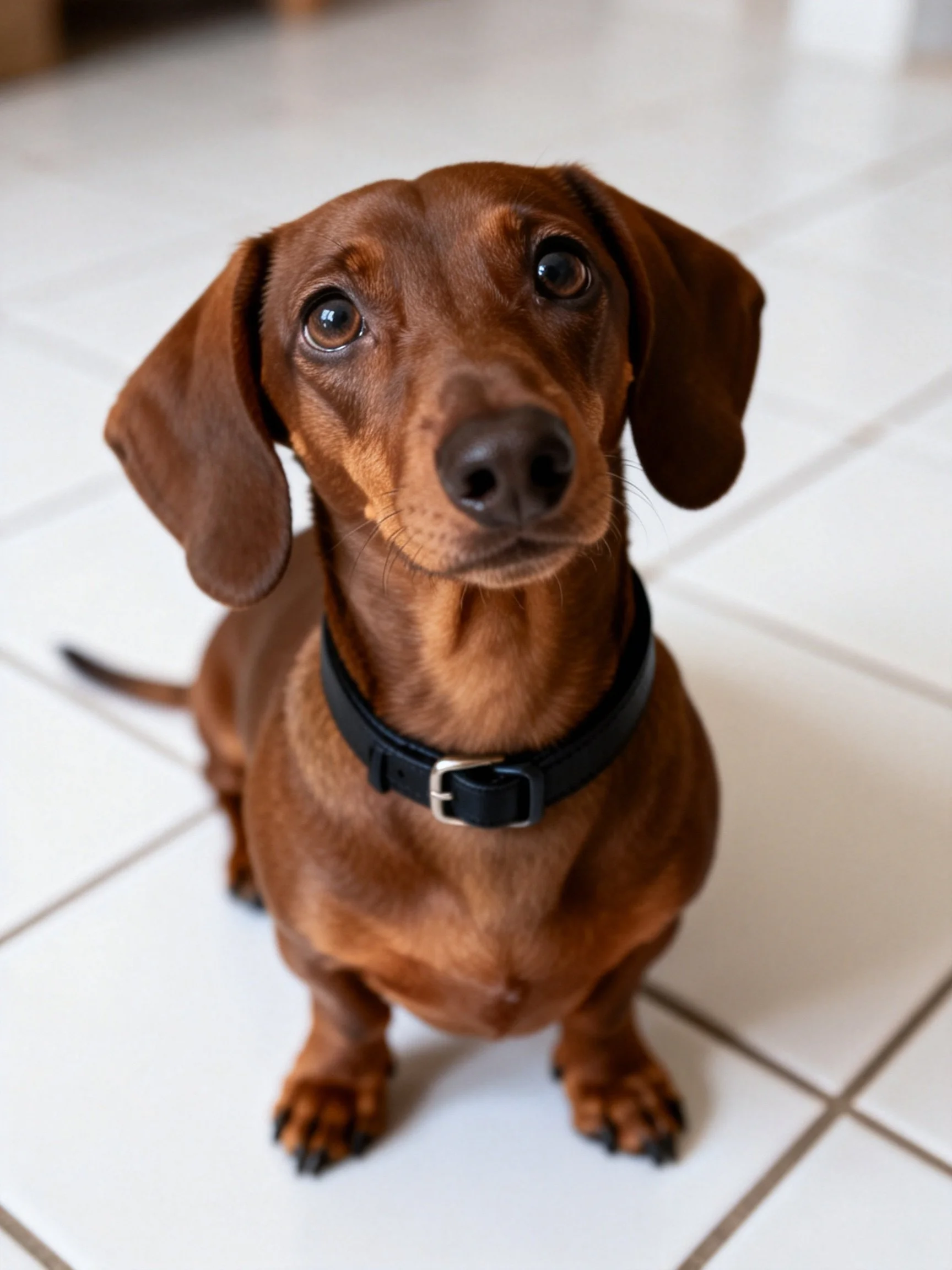 A brown long-eared dog on white tiled flooring