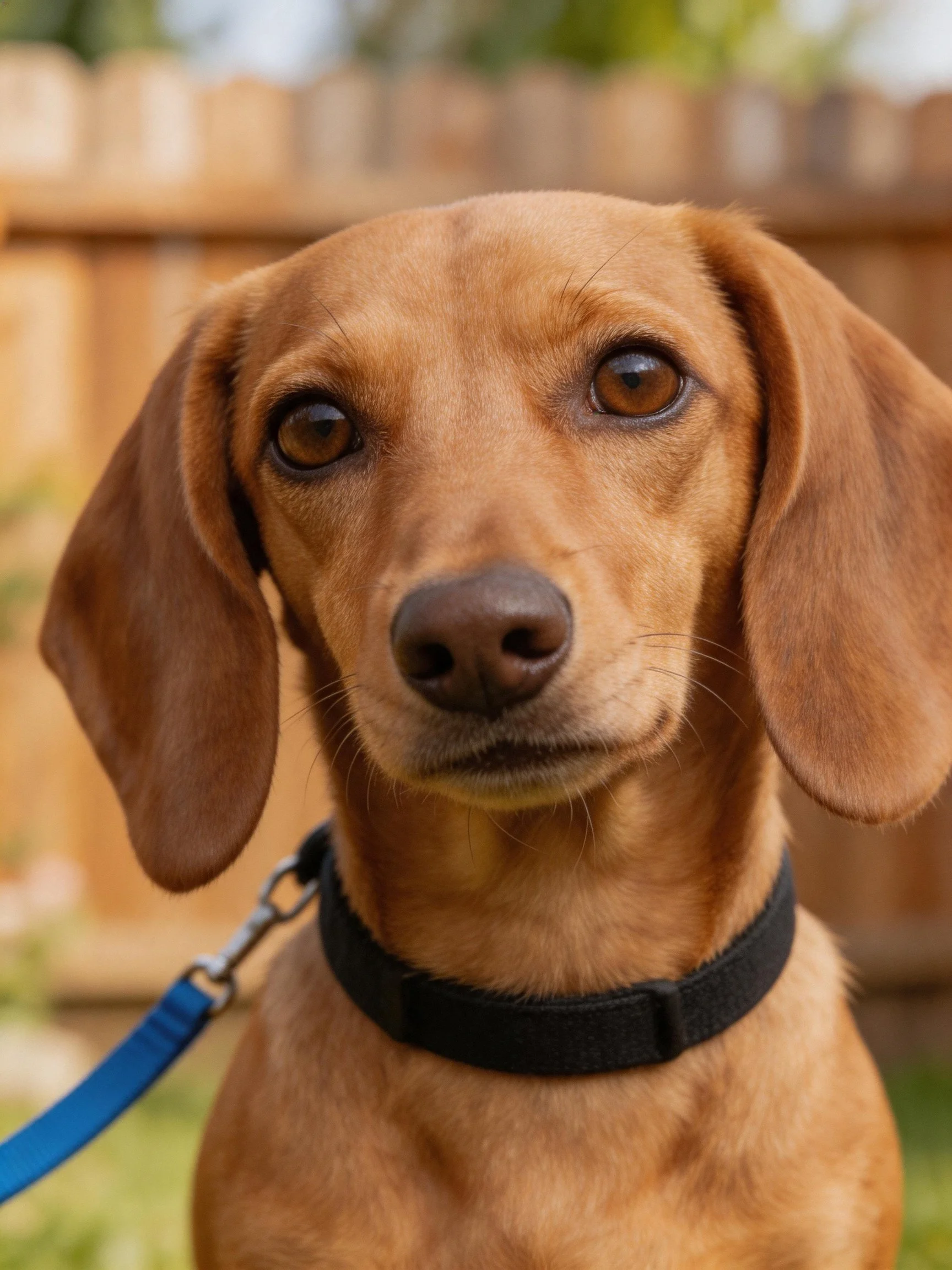 A brown long-eared dog with a black collar and blue leash