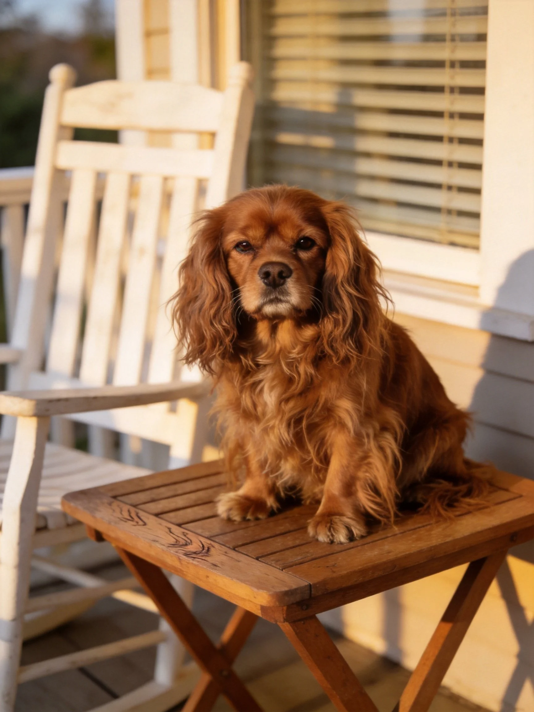 A brown long-haired dog sits on a wooden table near white rocking chairs