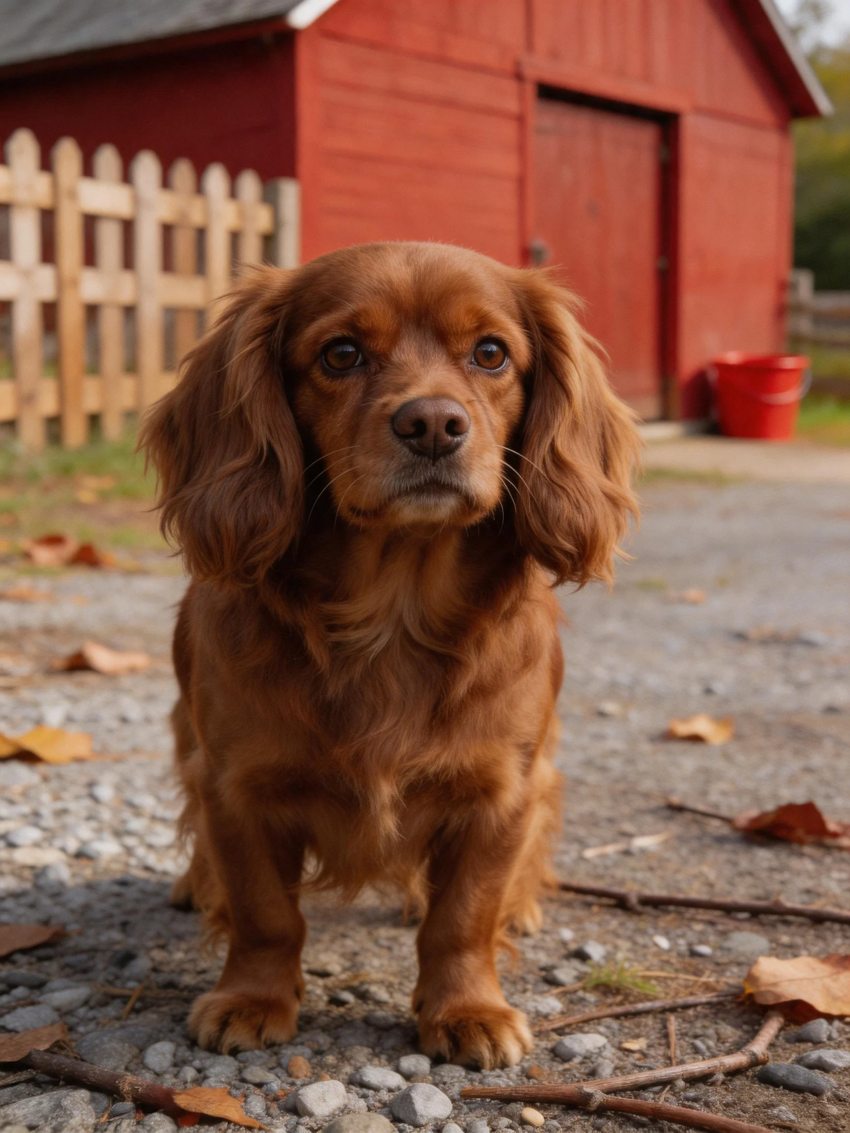 A brown long-haired dog stands near a red barn on gravel