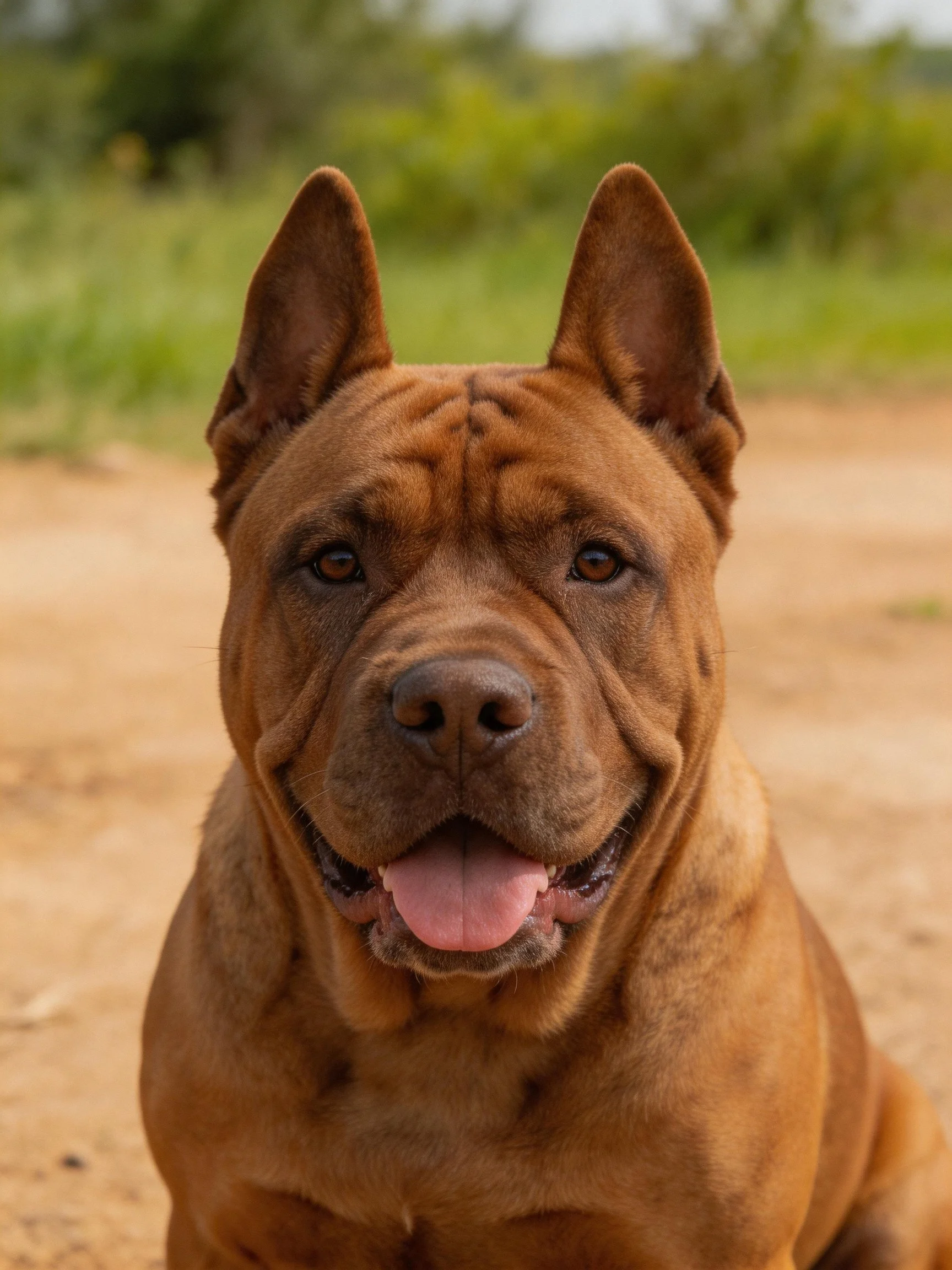 A brown muscular dog with upright ears on a dirt path