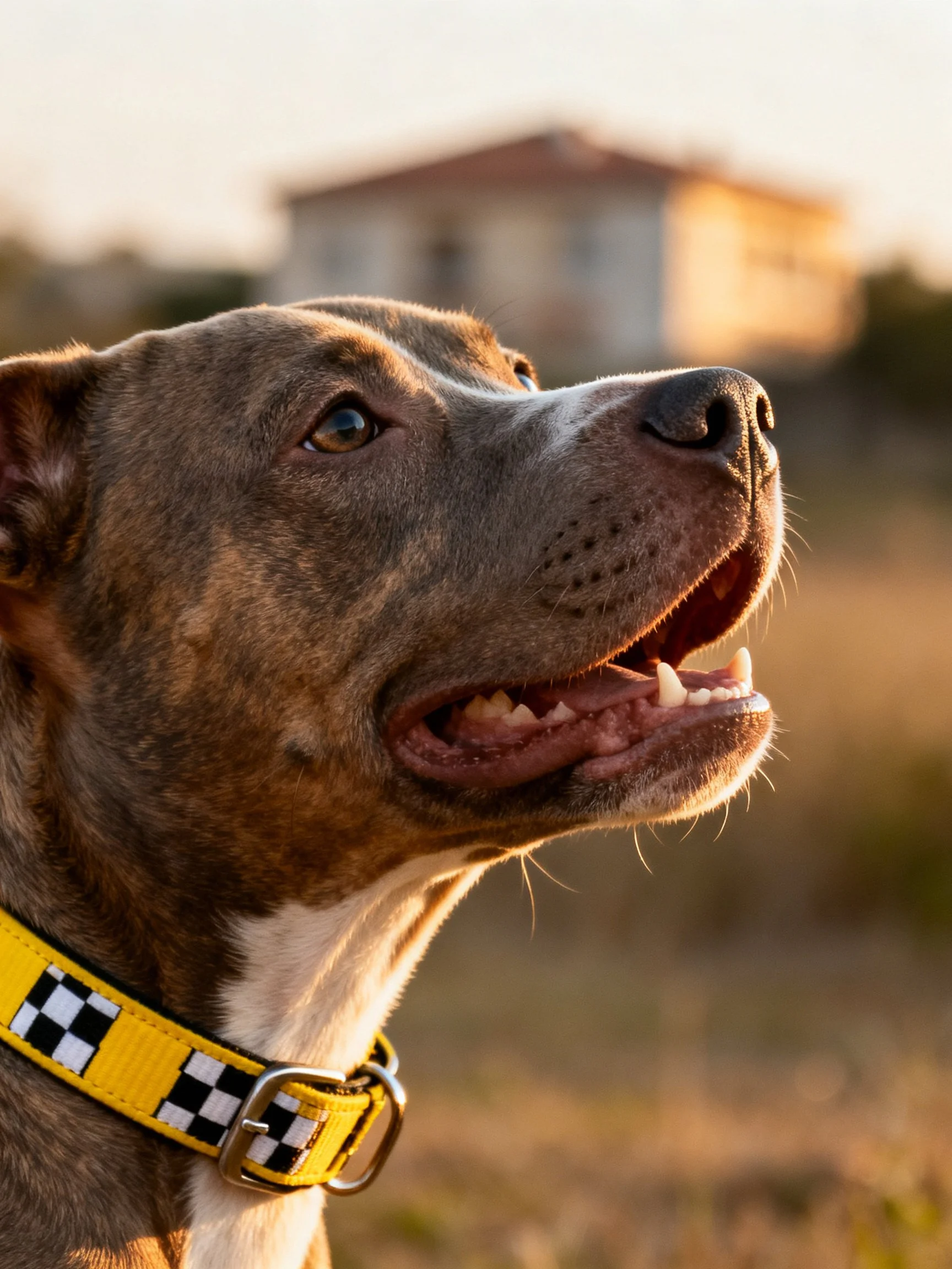 A brown pit bull wearing a yellow checkered collar outdoors