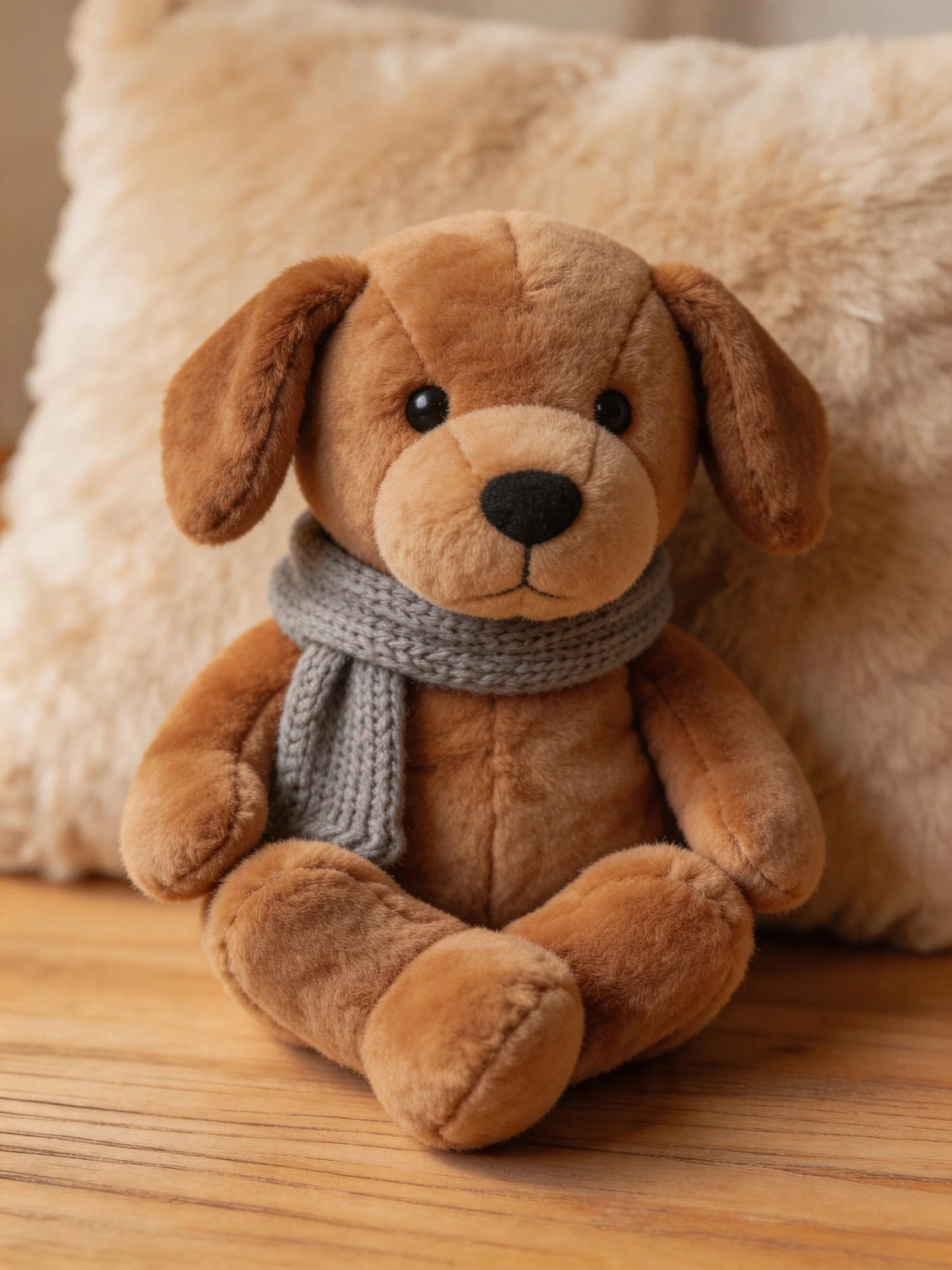 A brown plush dog toy with a gray scarf near a fluffy pillow