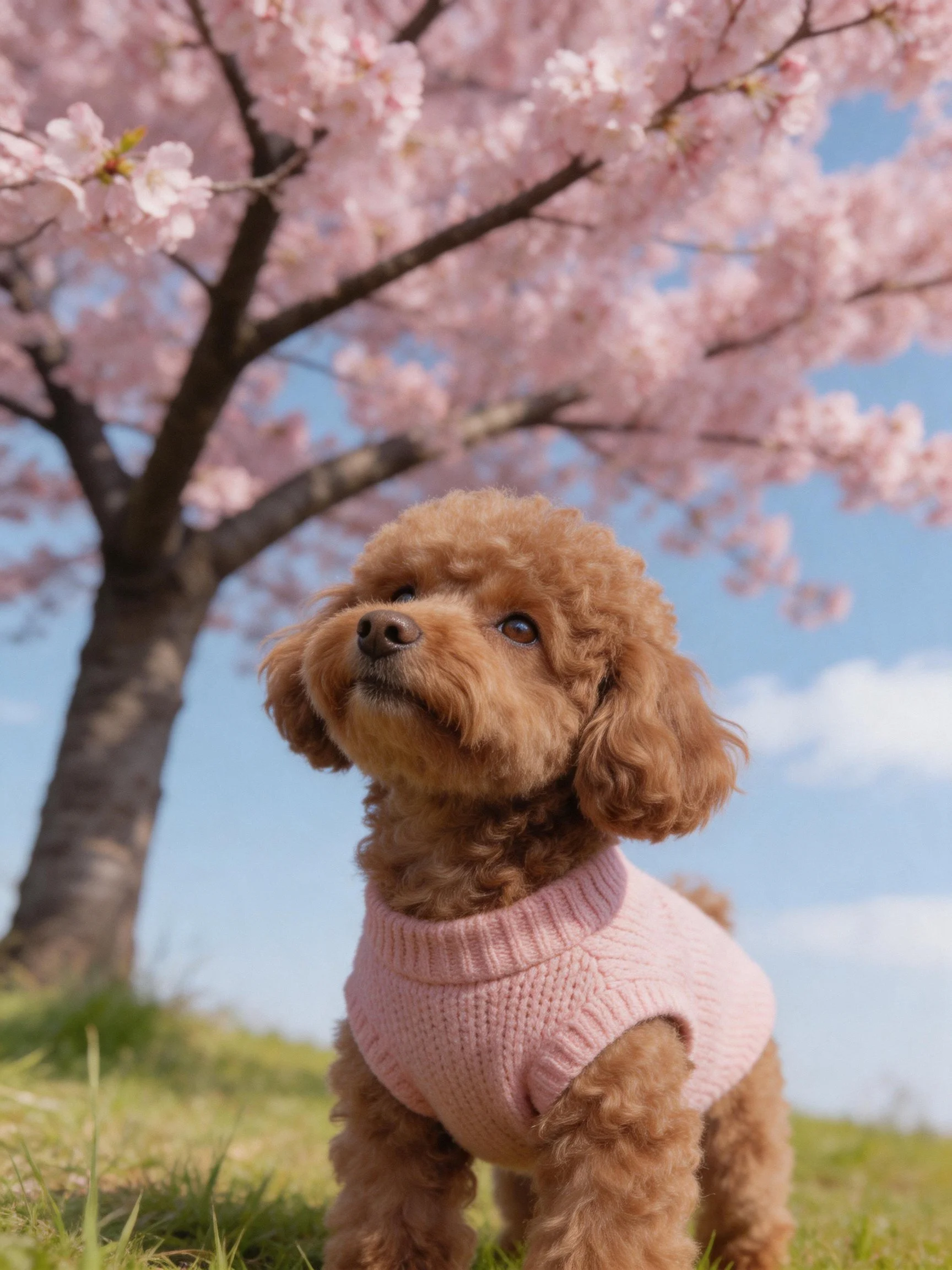 A brown poodle in a pink sweater near a cherry blossom tree