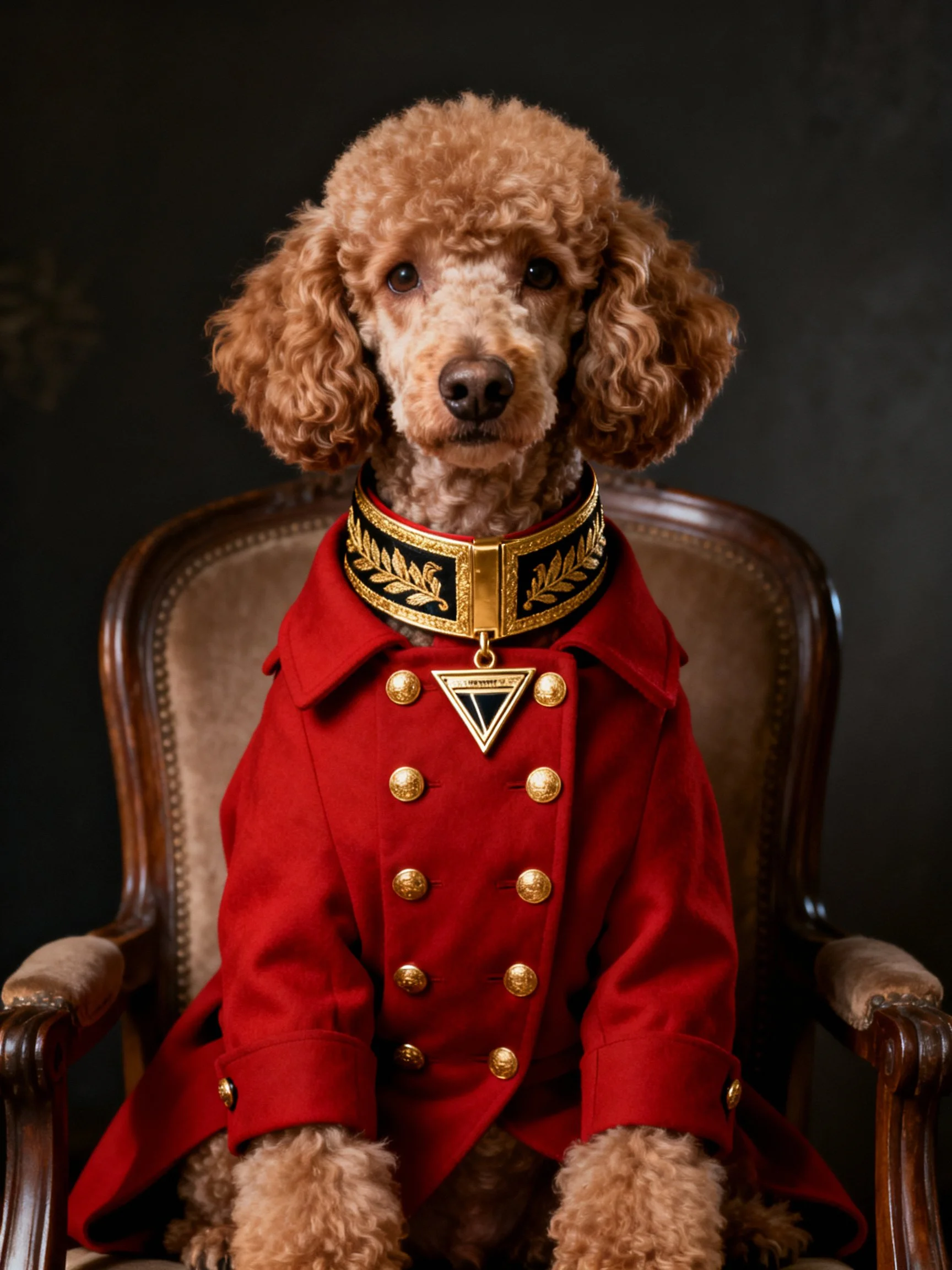 A brown poodle in a red military-style coat with golden details