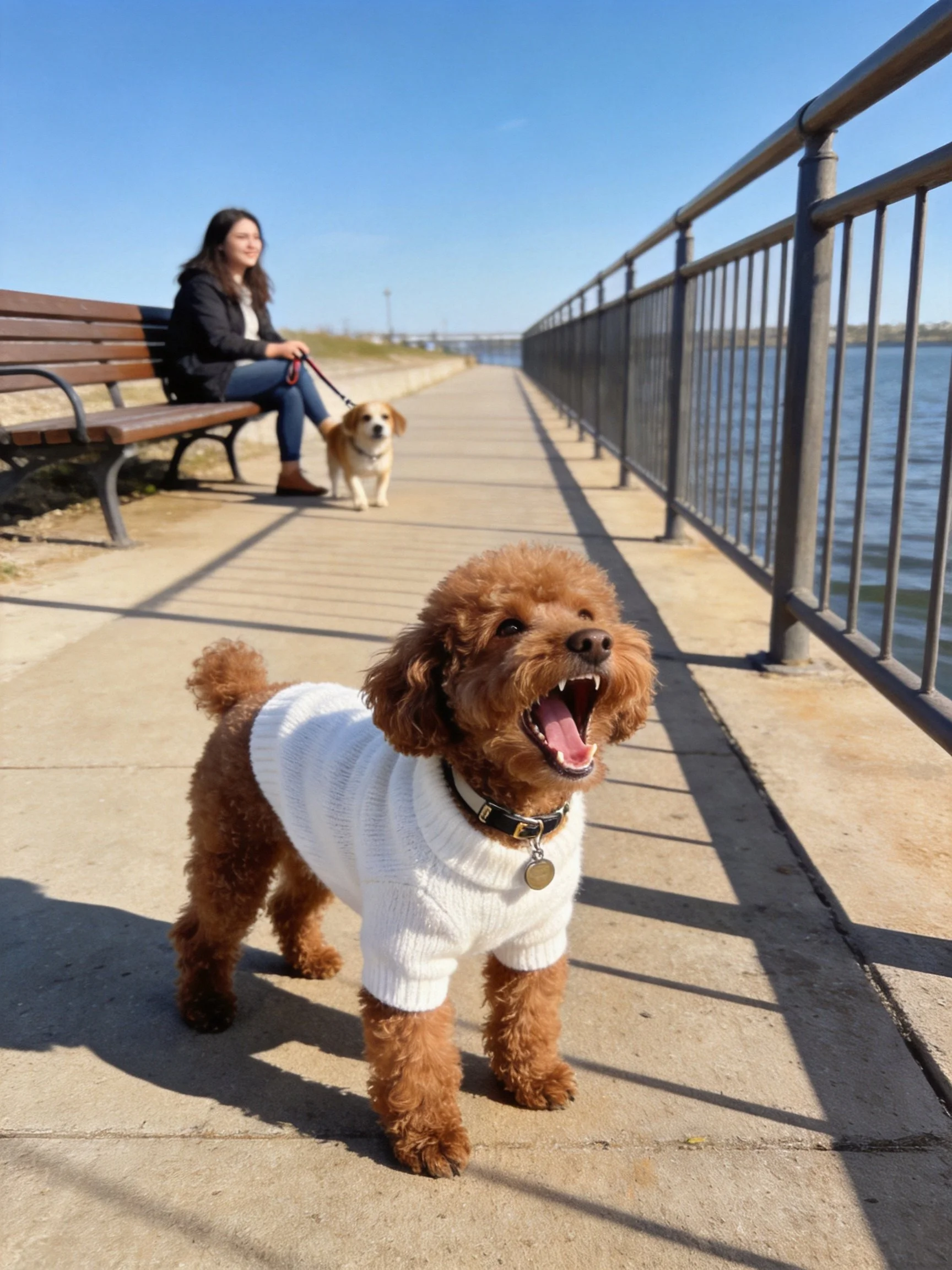 A brown poodle in a white sweater near a waterfront path