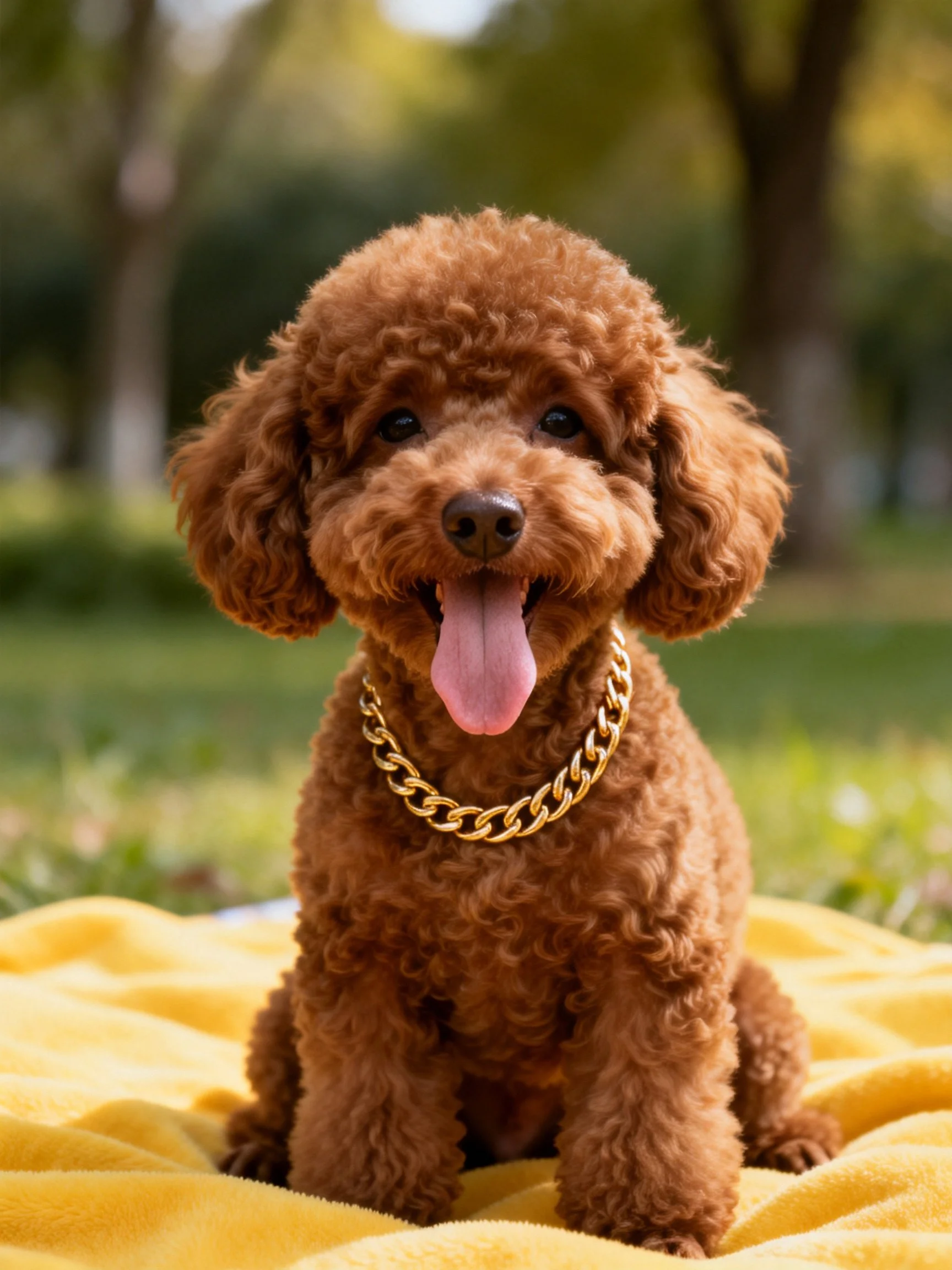 A brown poodle puppy with a gold chain sits on a yellow blanket outdoors.