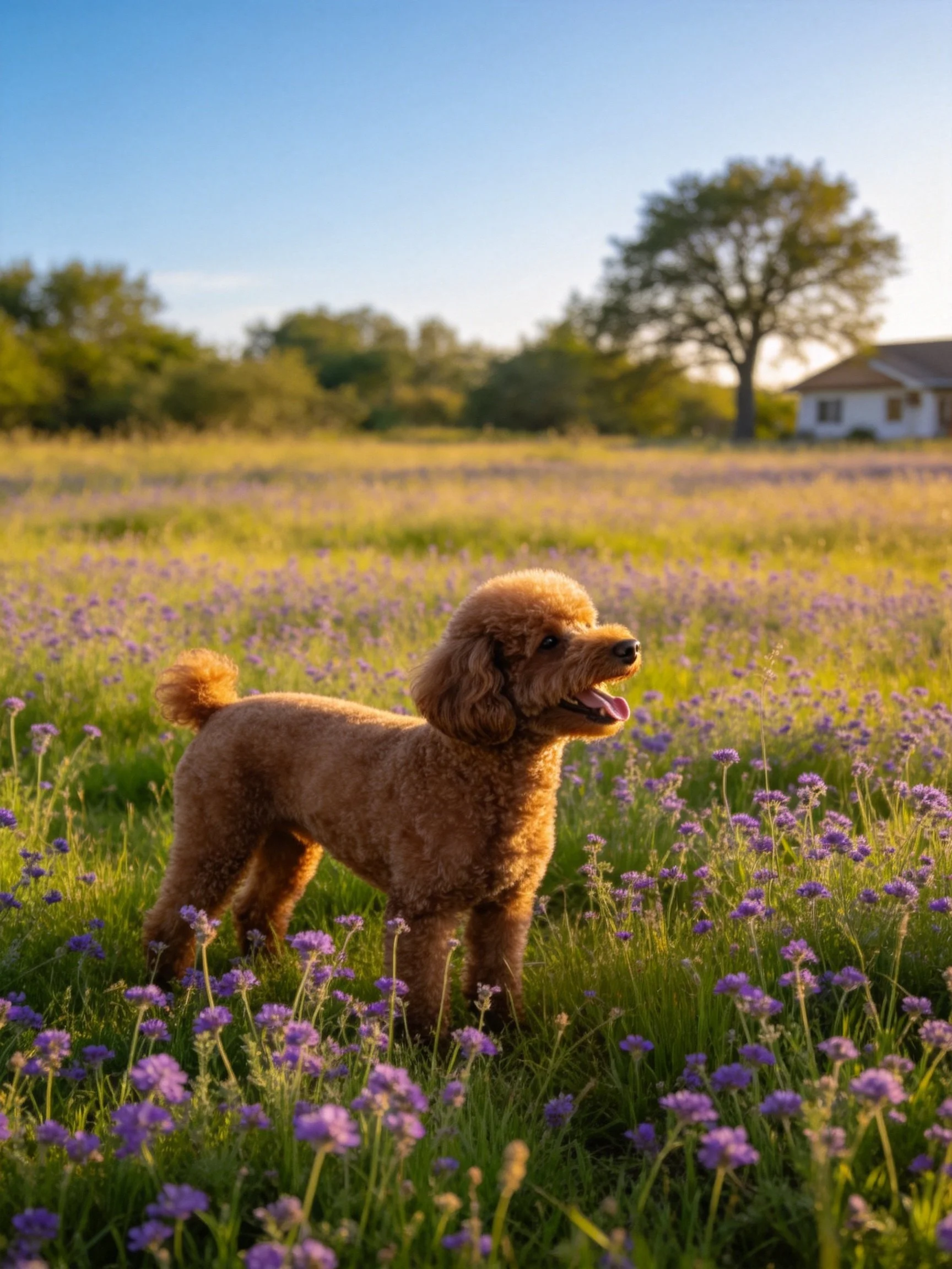 A brown poodle stands in a lavender field near a white house