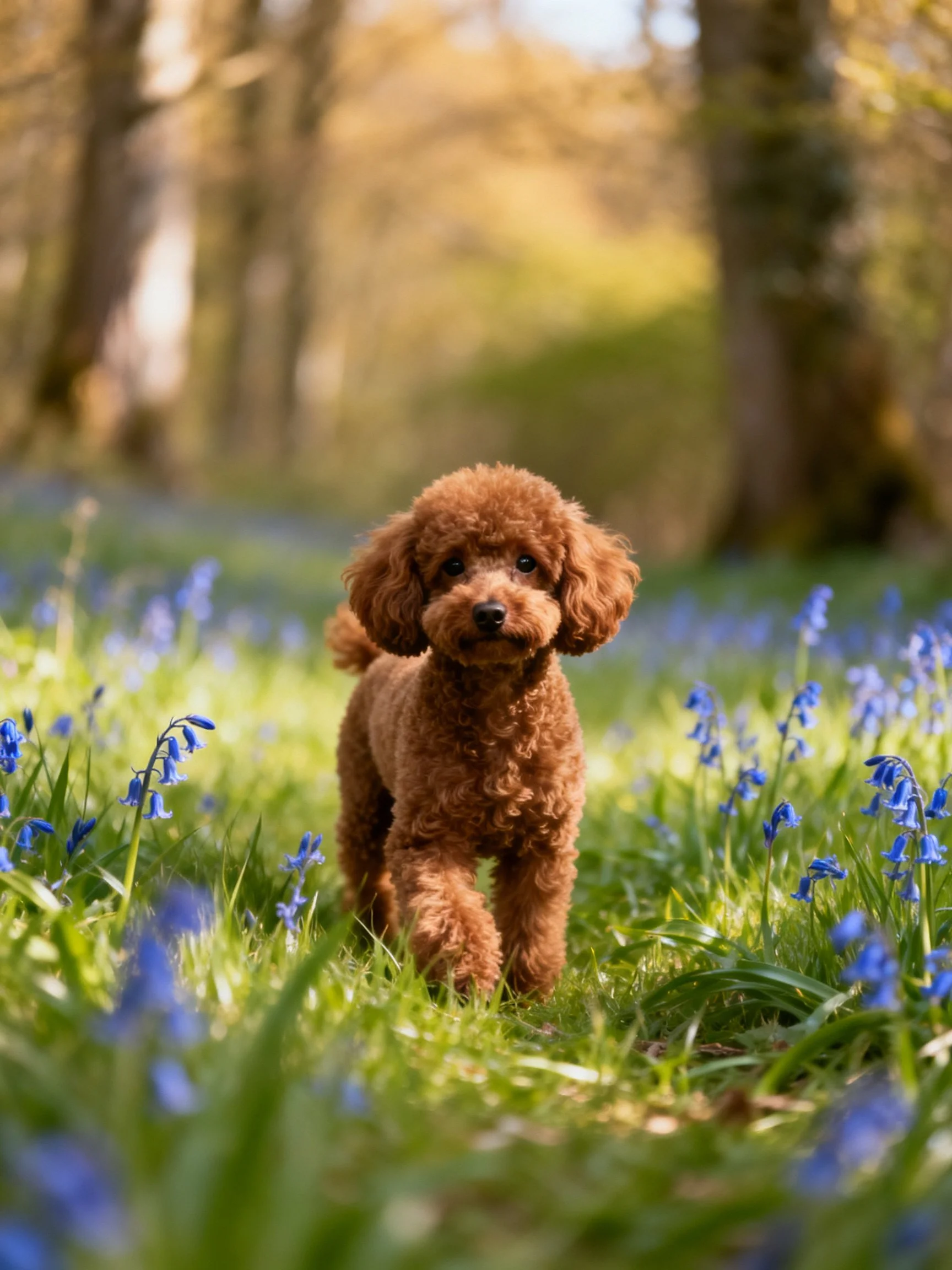 A small brown dog moves through blue flowers in a wooded area.