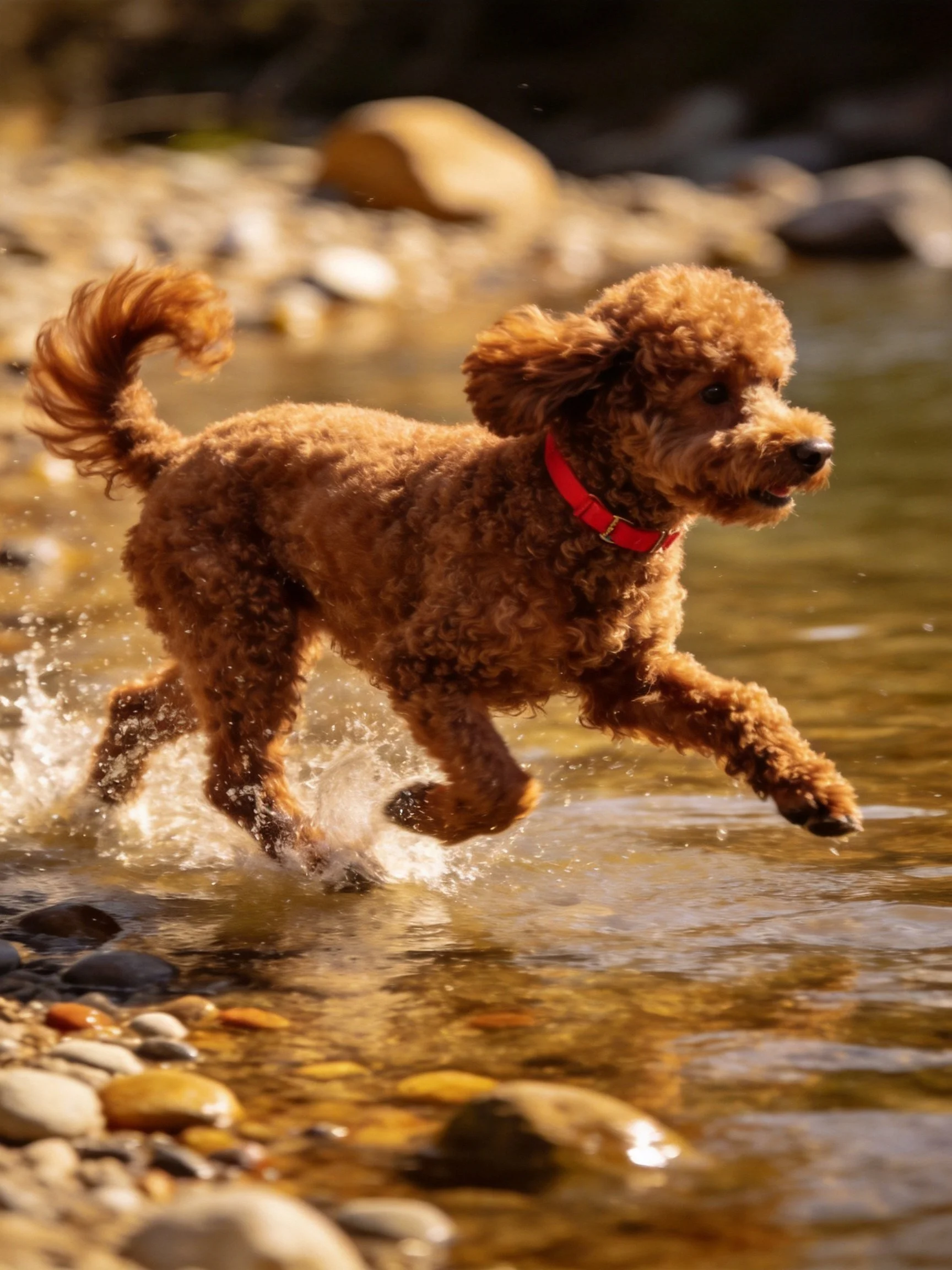 A brown poodle with a red collar runs energetically through shallow water among rocks