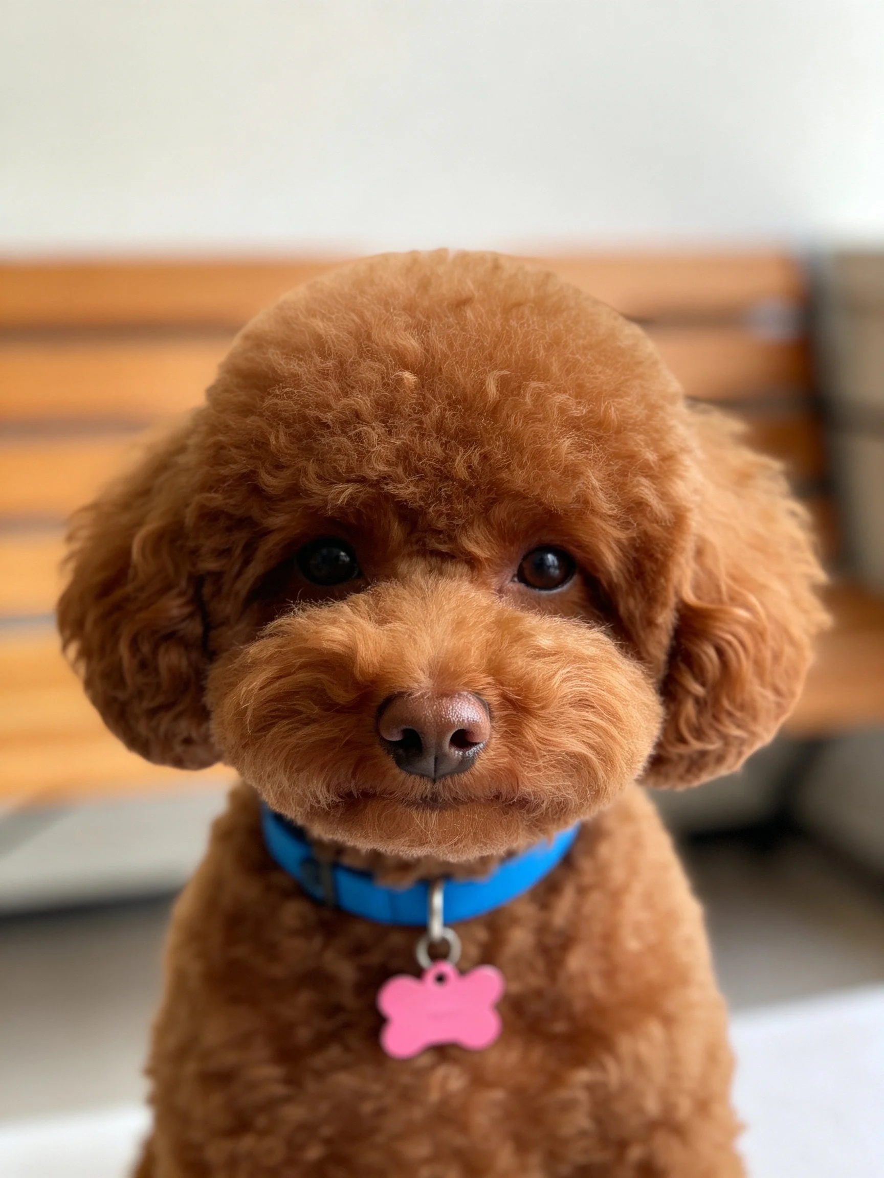 A brown poodle with curly fur wears a blue collar and pink tag