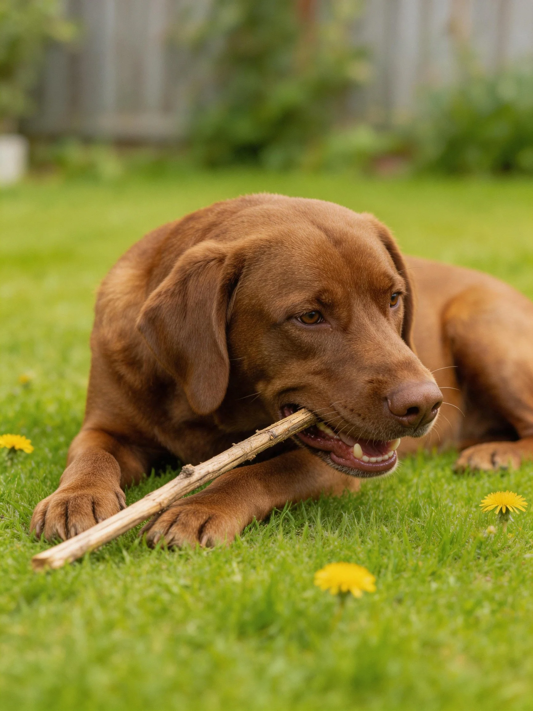 A brown puppy chewing a wooden stick in a grassy yard