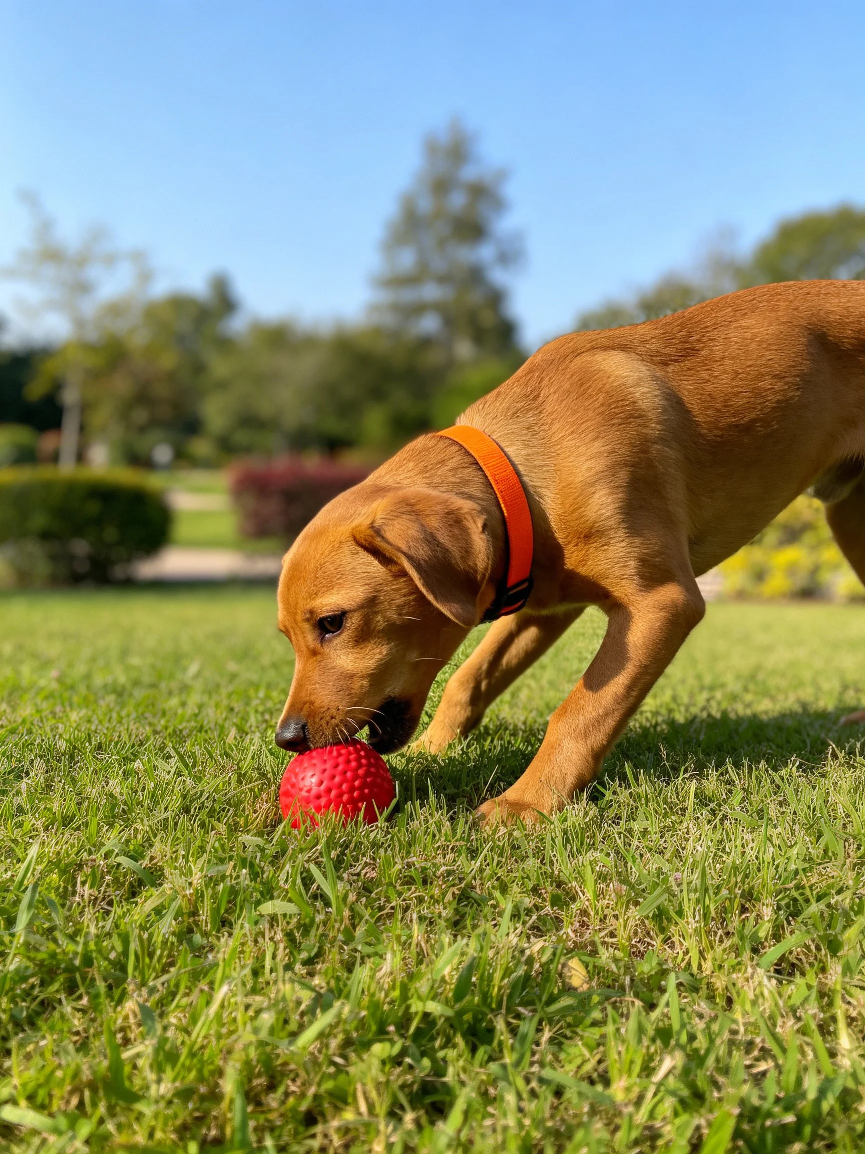 A brown puppy chews a red textured ball on green grass