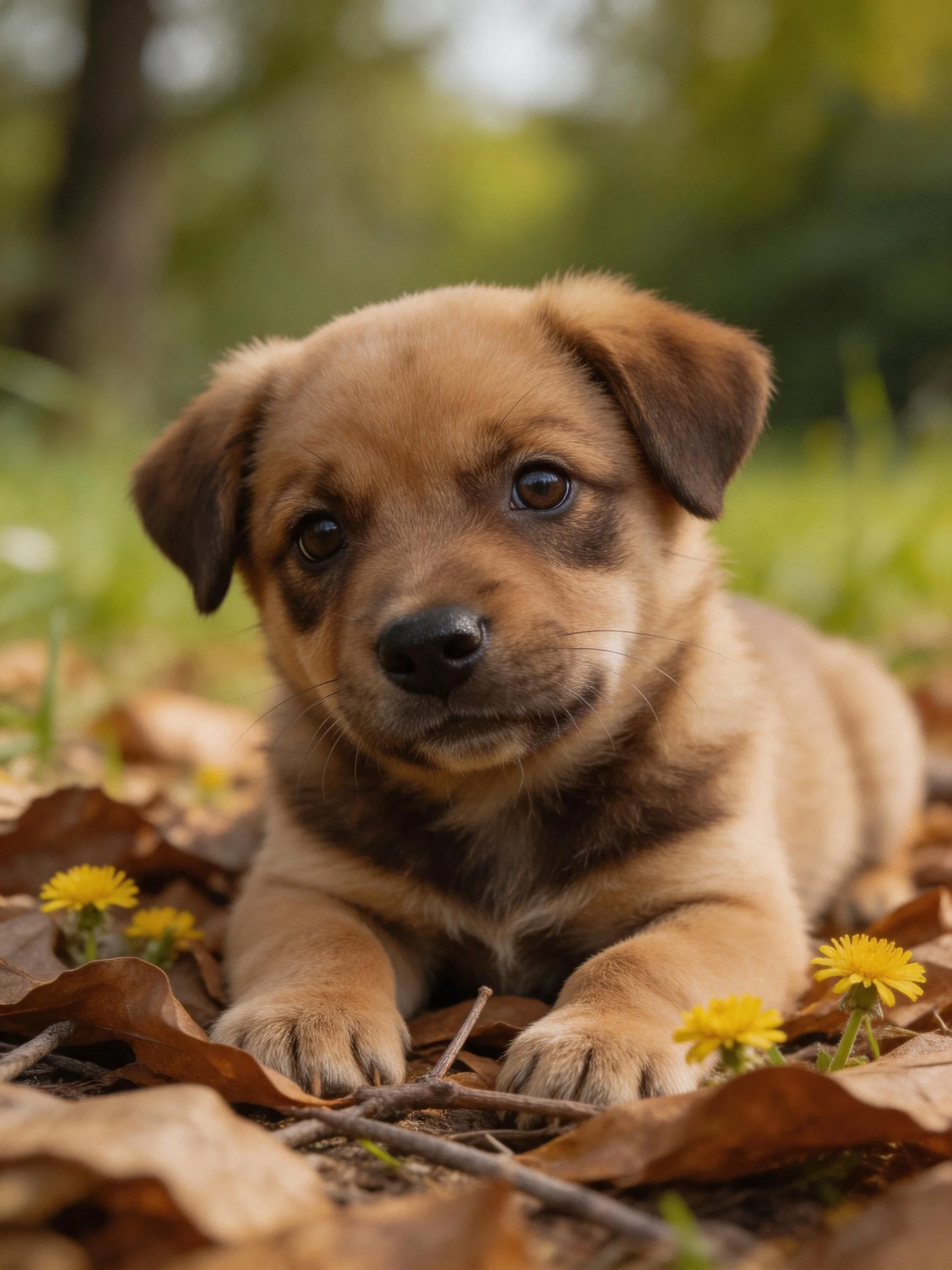 A brown puppy lies amid dry leaves and yellow flowers in a natural setting