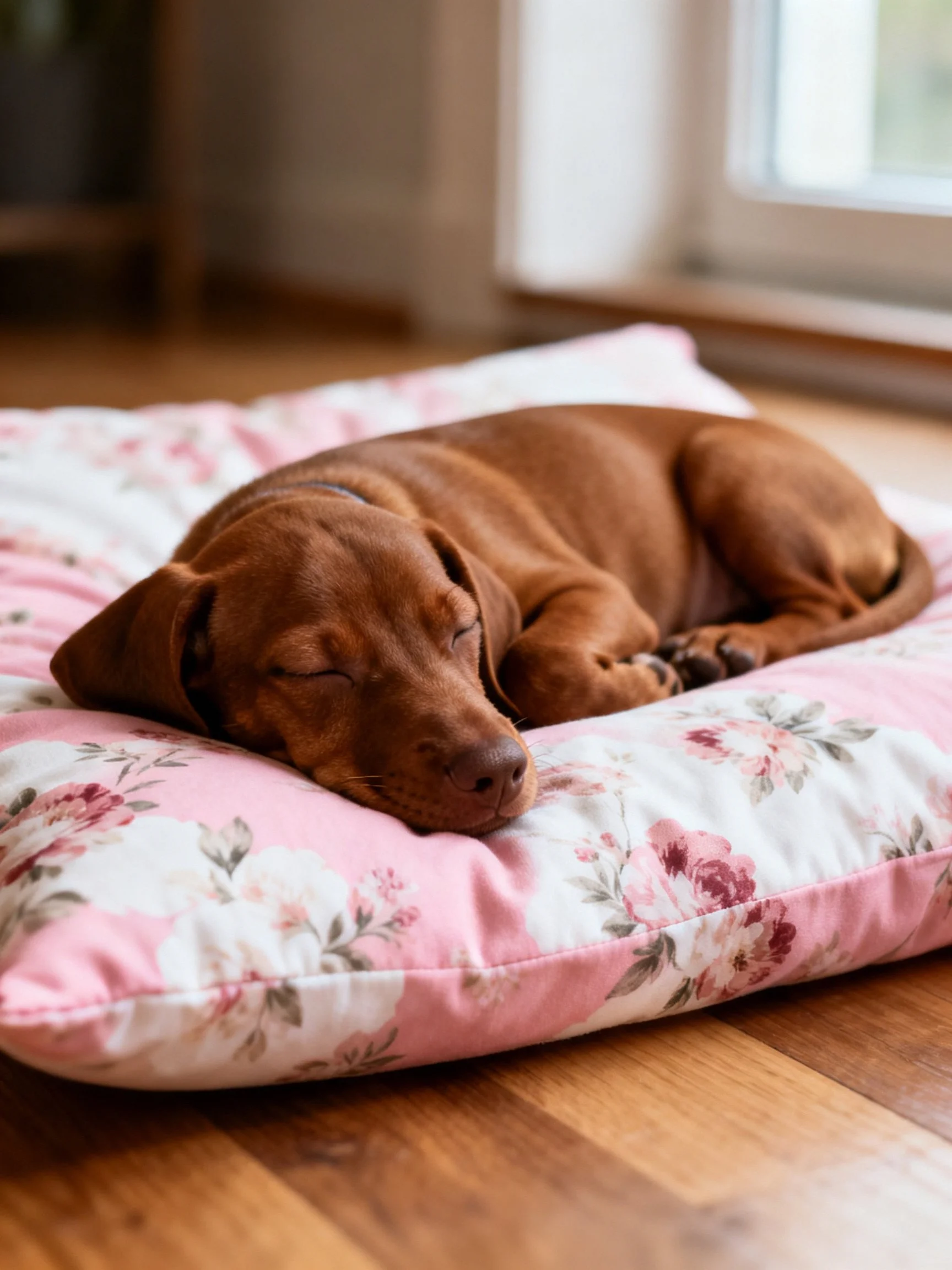 A brown puppy naps on a pink floral-patterned pet bed