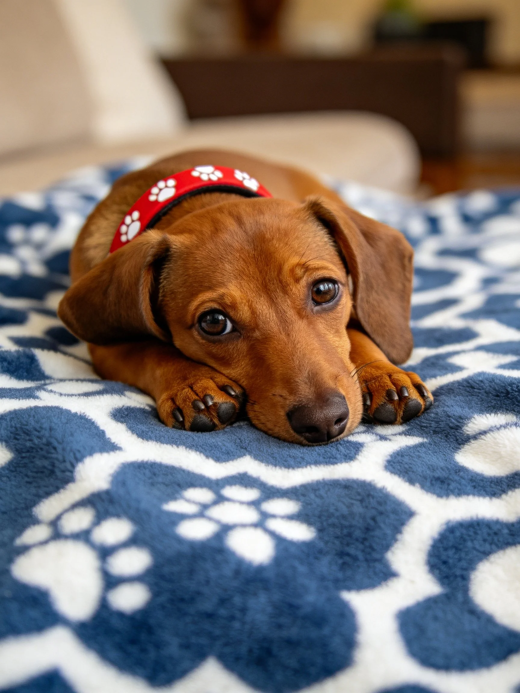 A brown puppy relaxes on a paw-printed blue blanket indoors.