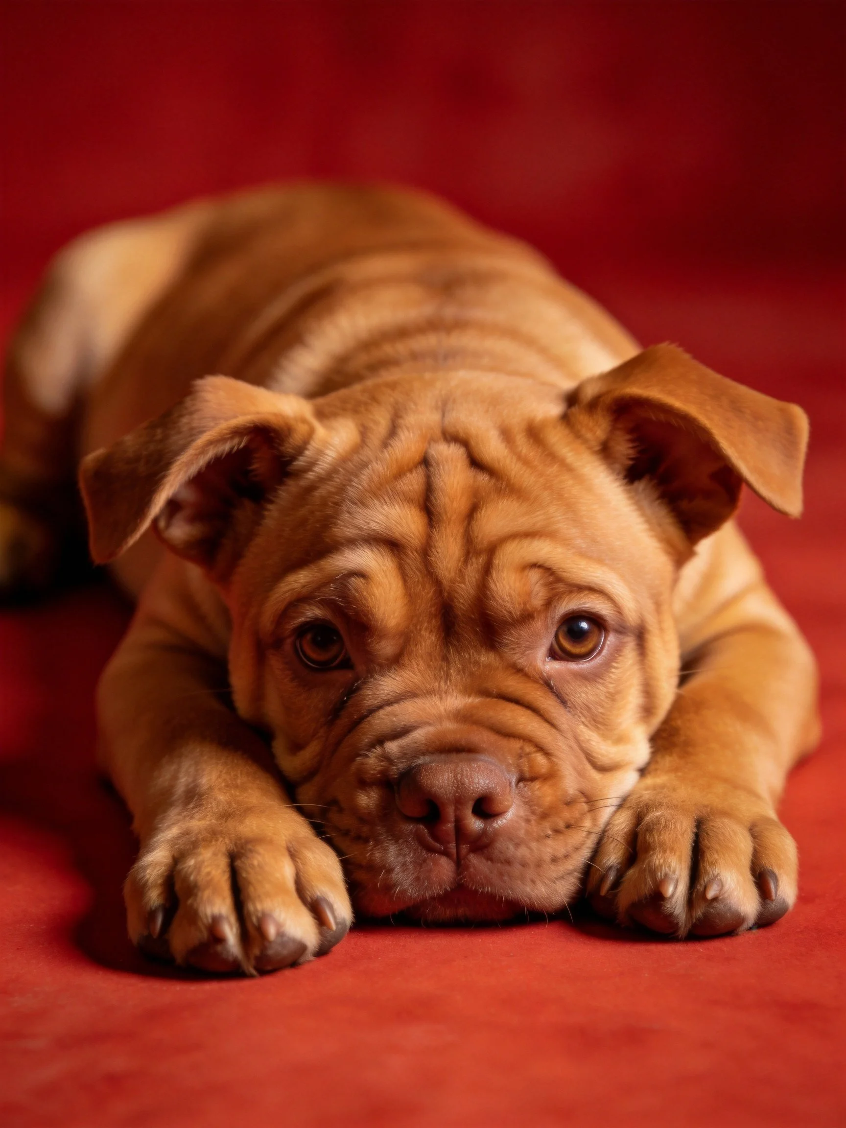 A brown puppy resting on a rich red fabric surface