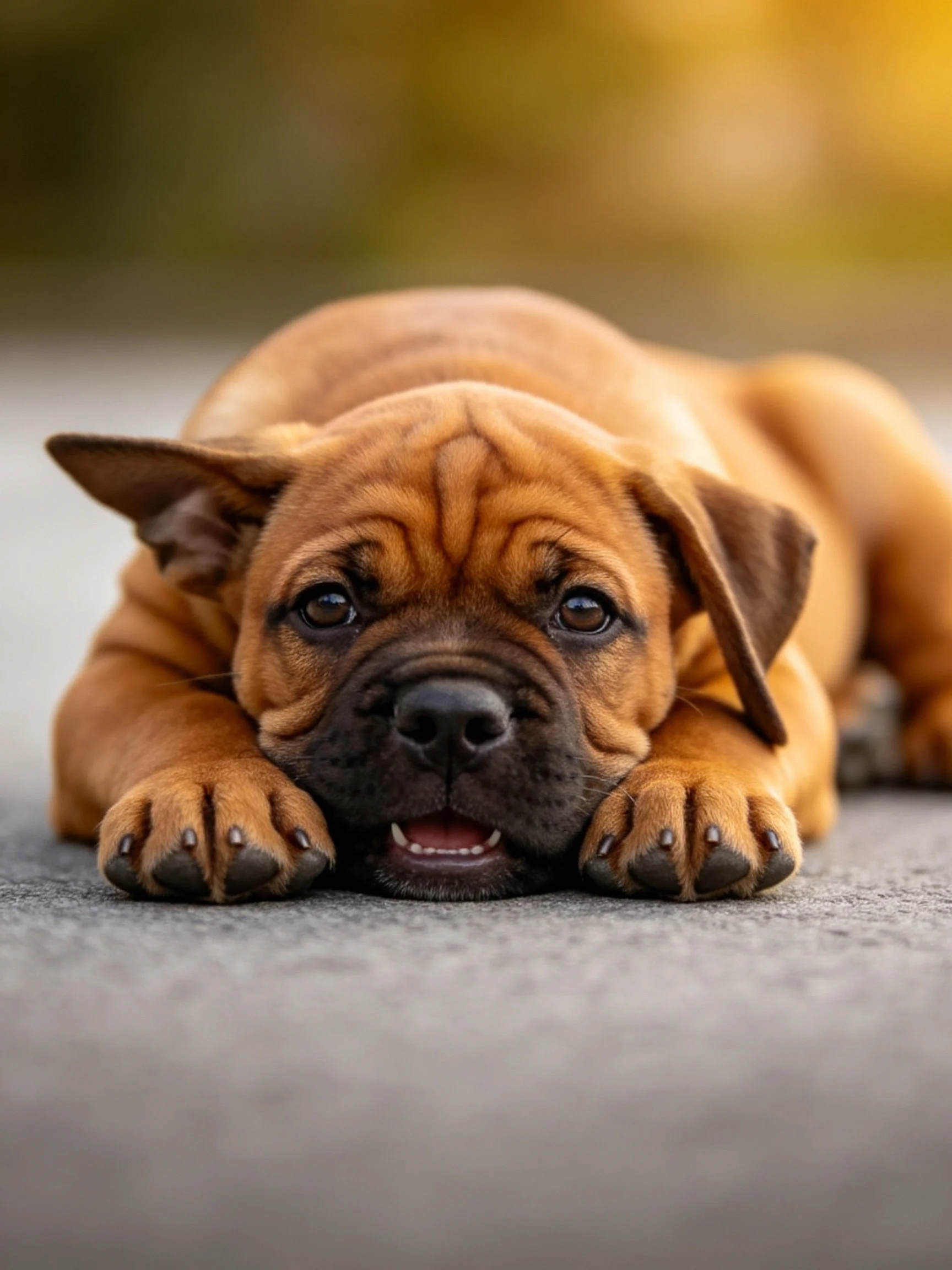 A brown puppy relaxes on a smooth surface in an outdoor area.