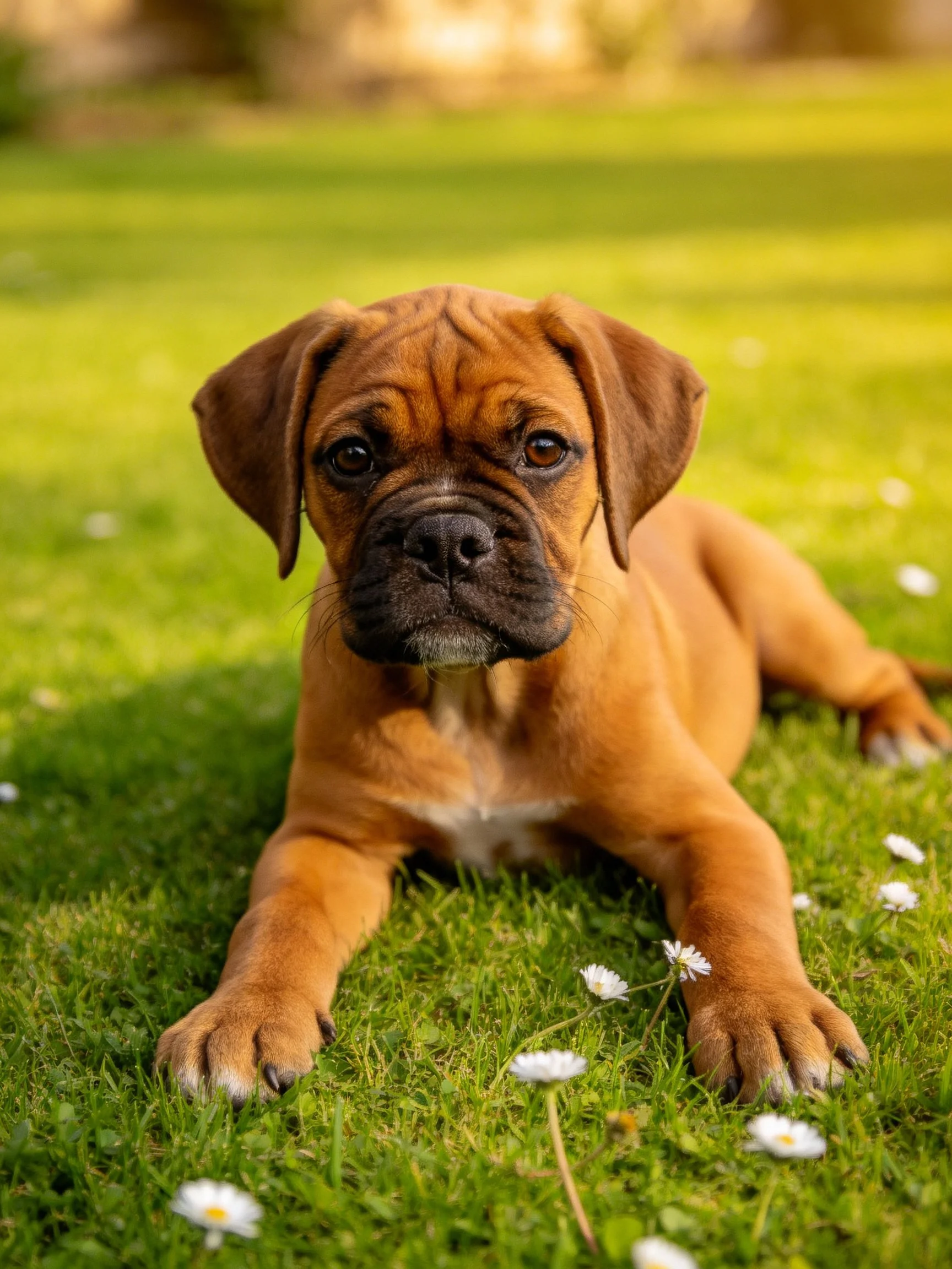 A brown puppy relaxes on green grass dotted with small white flowers.